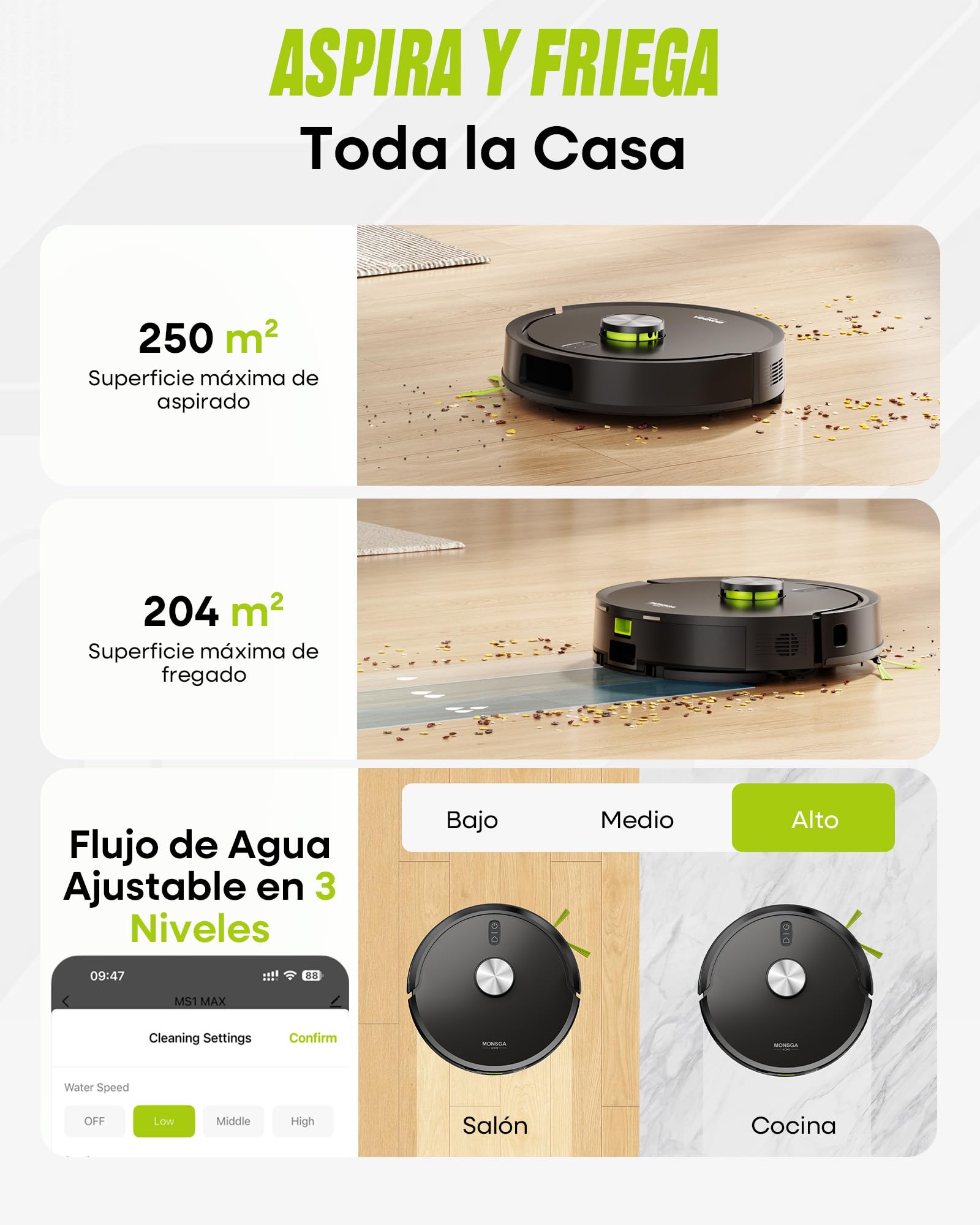 MONSGA Robot Aspirador y Fregasuelos 3 en 1 8000PA,Robot Aspirador Doble Sistema Antienredos, Obstacle Avoidance, 90 Día Self-Emptying, LiDAR Navegación, Control por App, 5 Mapas | Robot Aspirador LiDAR Navegación,90 Día Self-Emptying,Antienredos,Obstacle