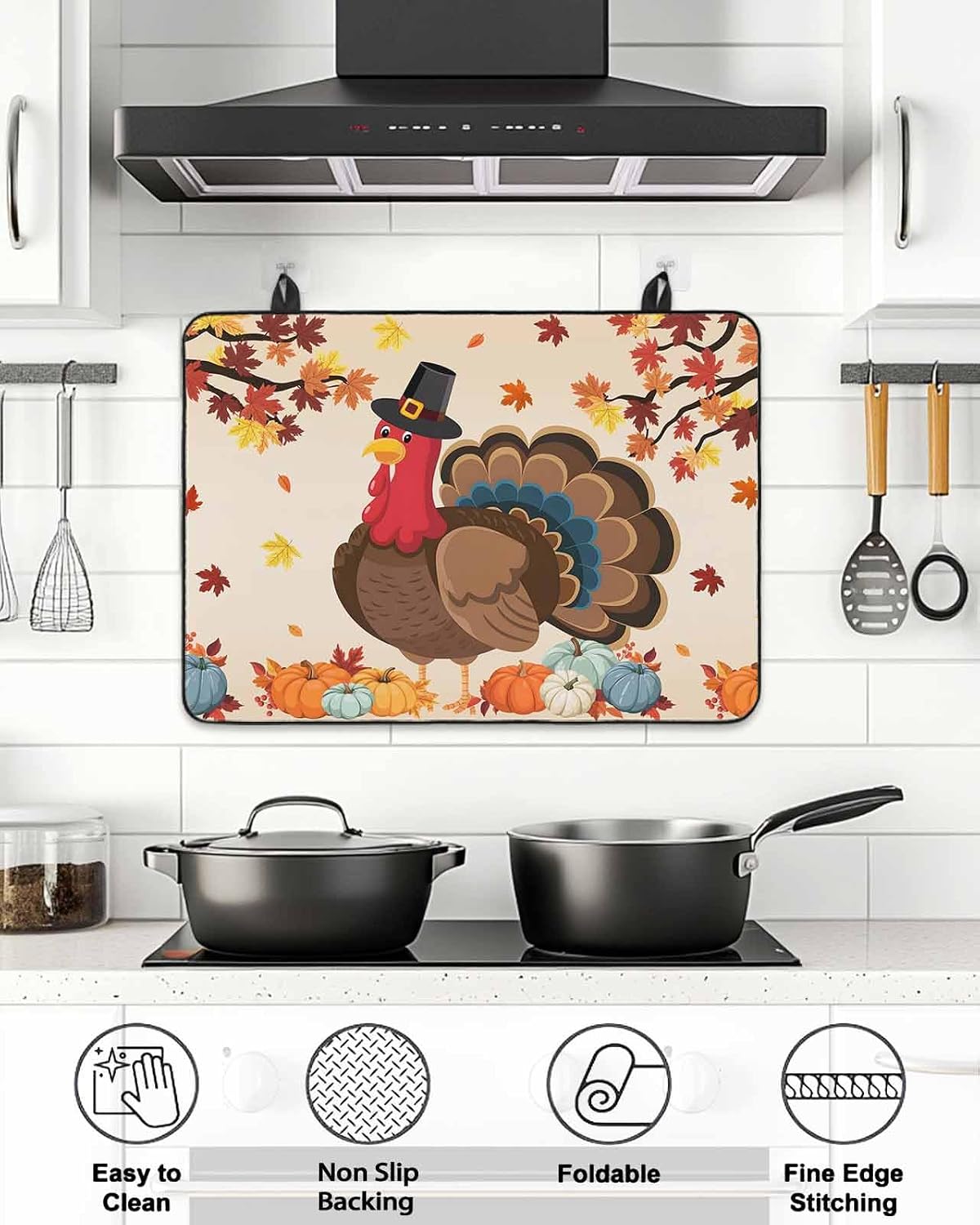 Fall Stove Top Cover Harvest Pumpkin Turkey Stove Cover for Electric Stove Top Orange Maple Leaves Thanksgiving Glass Cooktop Covers Anti-Slip Mat Heat Countertop Protector Kitchen Decor 28.5"x20.5"