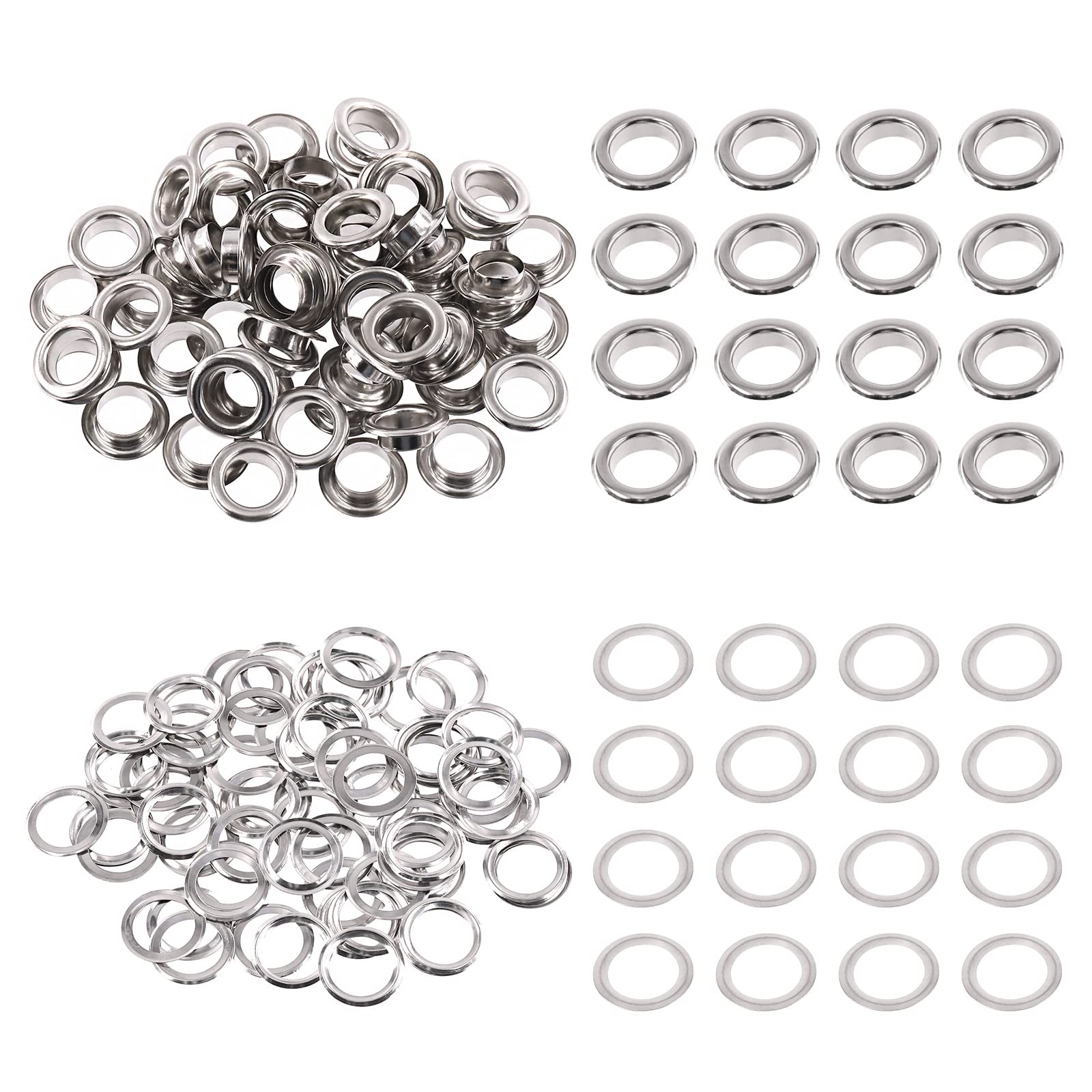 Swpeet S1945 100Pcs - 50Sets 2/5 inch (10mm) Hole Sliver Grommets Thicken Metal Grommets Eyelets Grommet Kit, Metal Eyelets Kits Grommets Eyelets for Repairing Canvas, Leather, Curtains