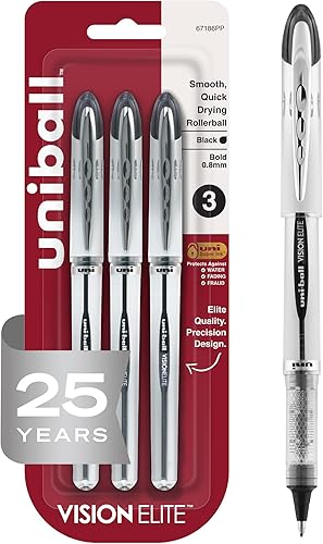 Bolígrafos Uni-Ball Vision Elite de punta gruesa; tinta negra; paquete de 3; plumas de escritura suaves de punta fina; suministros de oficina