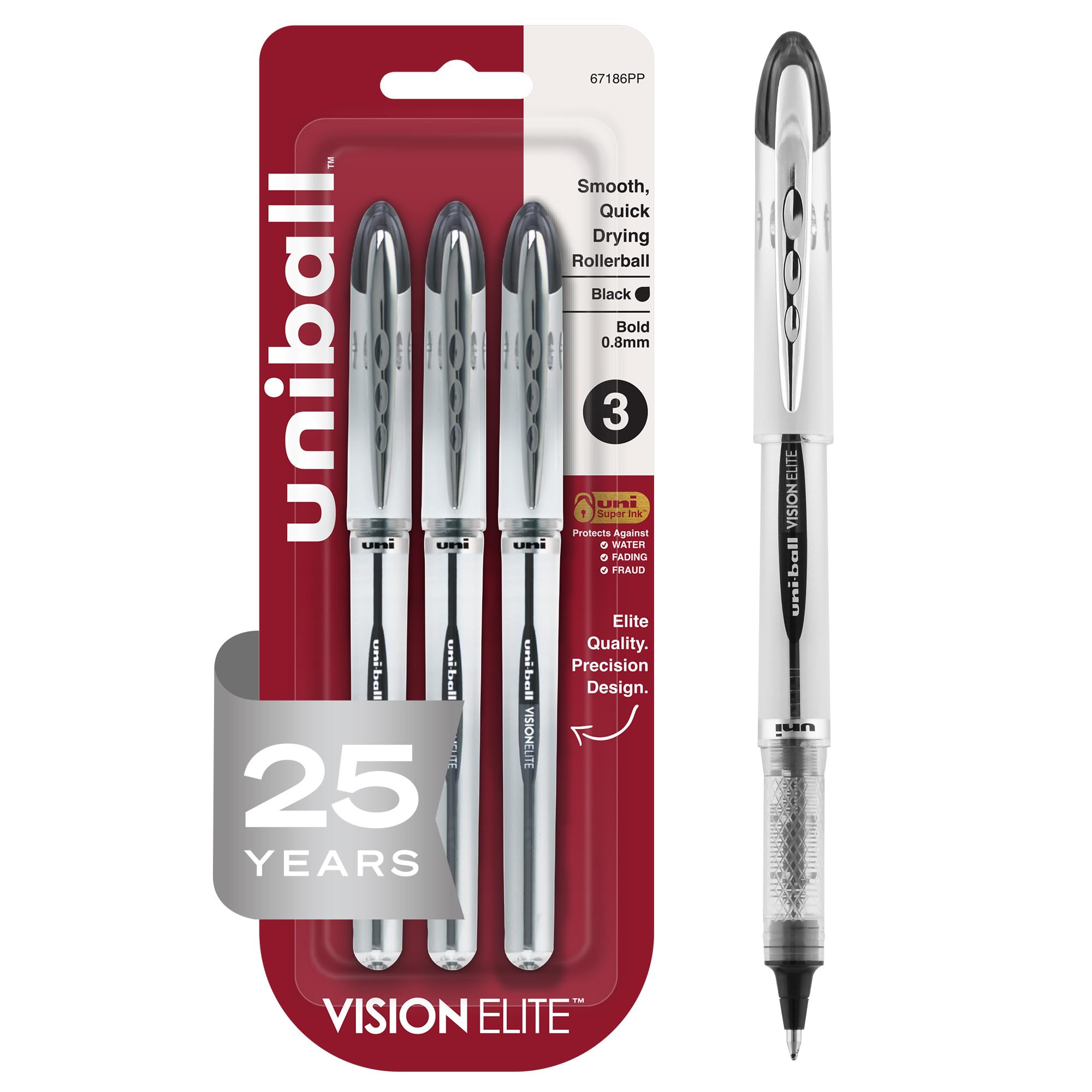 Uniball Vision Elite Bold Rollerball Pens; Black Ink; Pack of 3; Fine Point Smooth Writing Pens; Office Supplies