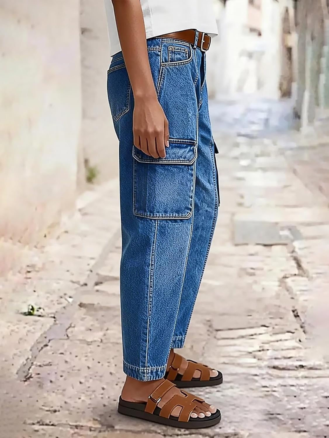 Flamingals Straight Leg Jeans for Women Mid Rise Barrel Cropped Casual Wash Seam Front Flap Pocket Denim Jeans Without Belt - Image 3