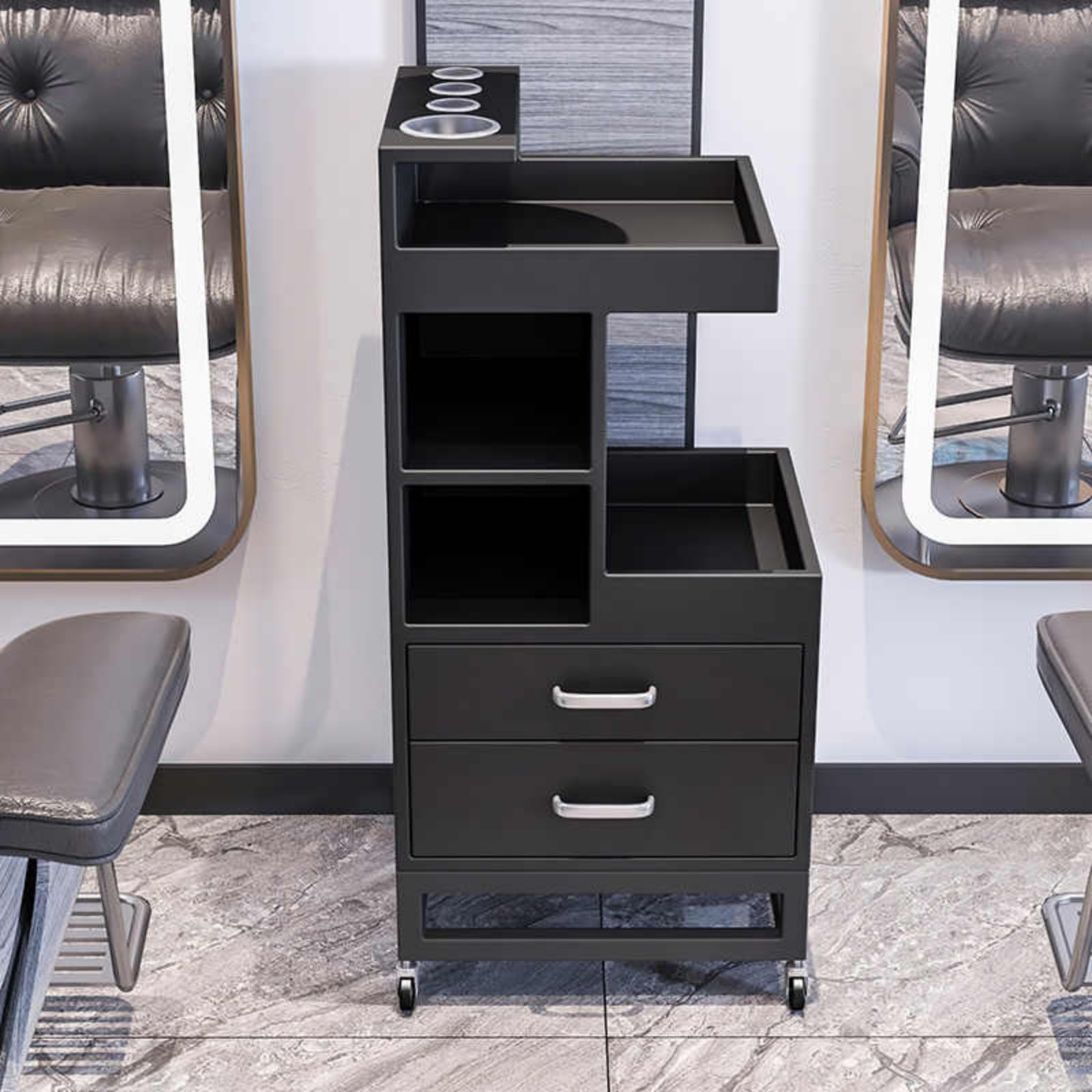 YNIYUJKL Salon Trolley Cart With 4 Wheels, Mobile Makeup Organizer, Barber Tool Station With Hair Dryer Holders And 2 Drawers,C