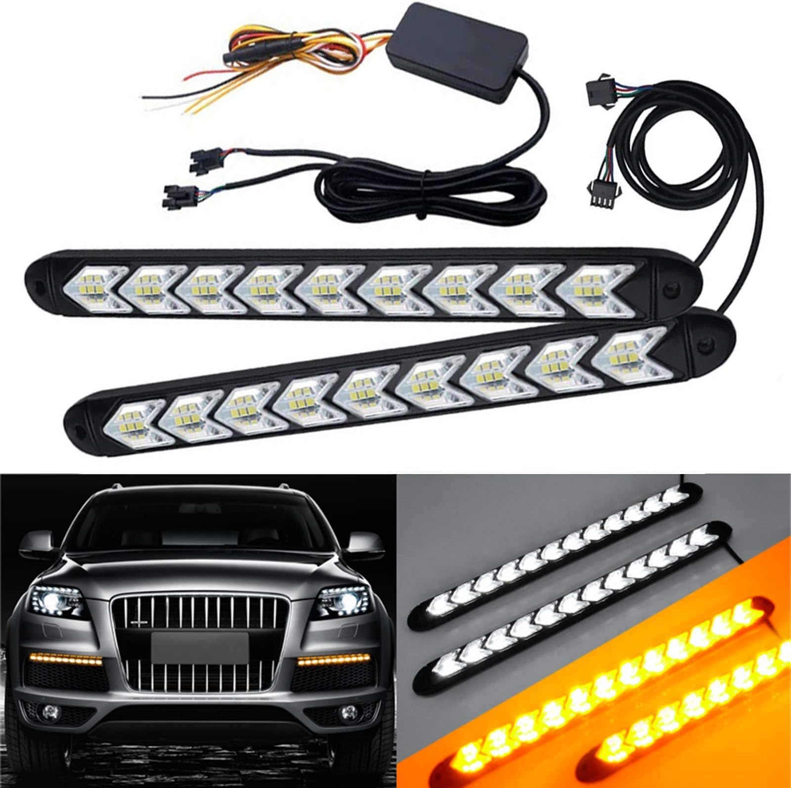 SOCAL-LED LIGHTING Arrow LED DRL Switchback Strips 10" (25cm) 12V Sequential Flashing Turn Signal Lights, Dual-Color Amber White, Pack of 2