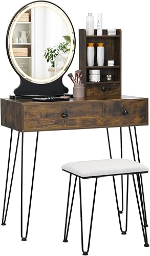 Miniatura 2 de CHARMAID Juego de tocador con espejo iluminado, 3 cajones y estantes de almacenamiento de 3 niveles, espejo regulable con pantalla táctil de 3