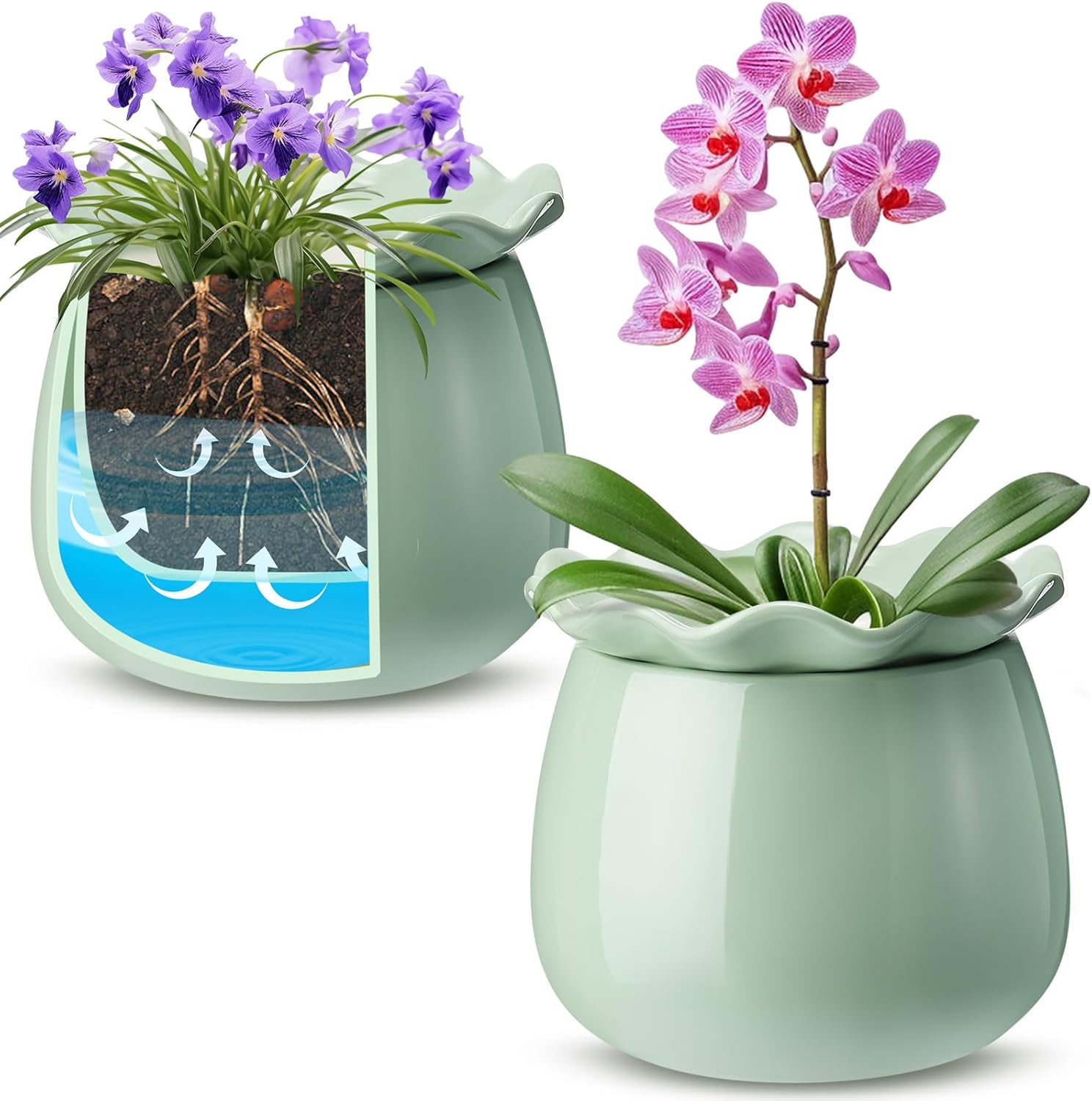 Suclain 2Pcs Self Watering Plant Pot 6 inch Large Self Watering Pots for Indoor Outdoor Plants Flowers African Violet Pots Ceramic Plant Self Watering Pot for Efficient Absorption Water(Green)