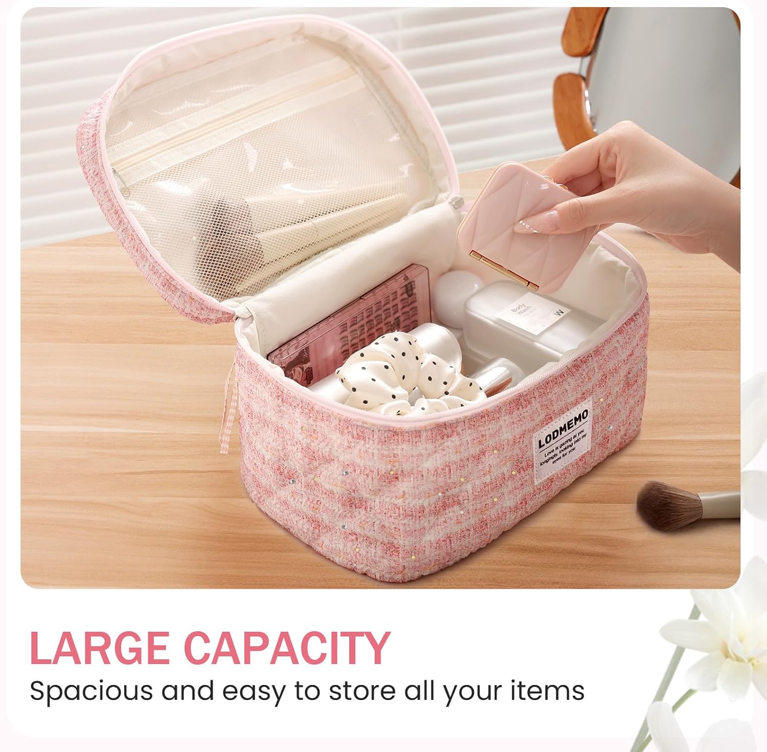 Makeup Bag 3 PCS Quilted Cosmetic Bags for Women, Large Travel Make up Bag Set Cute Cotton Toiletry Bag Organizer Pouch for Purse, Pink - Image 3