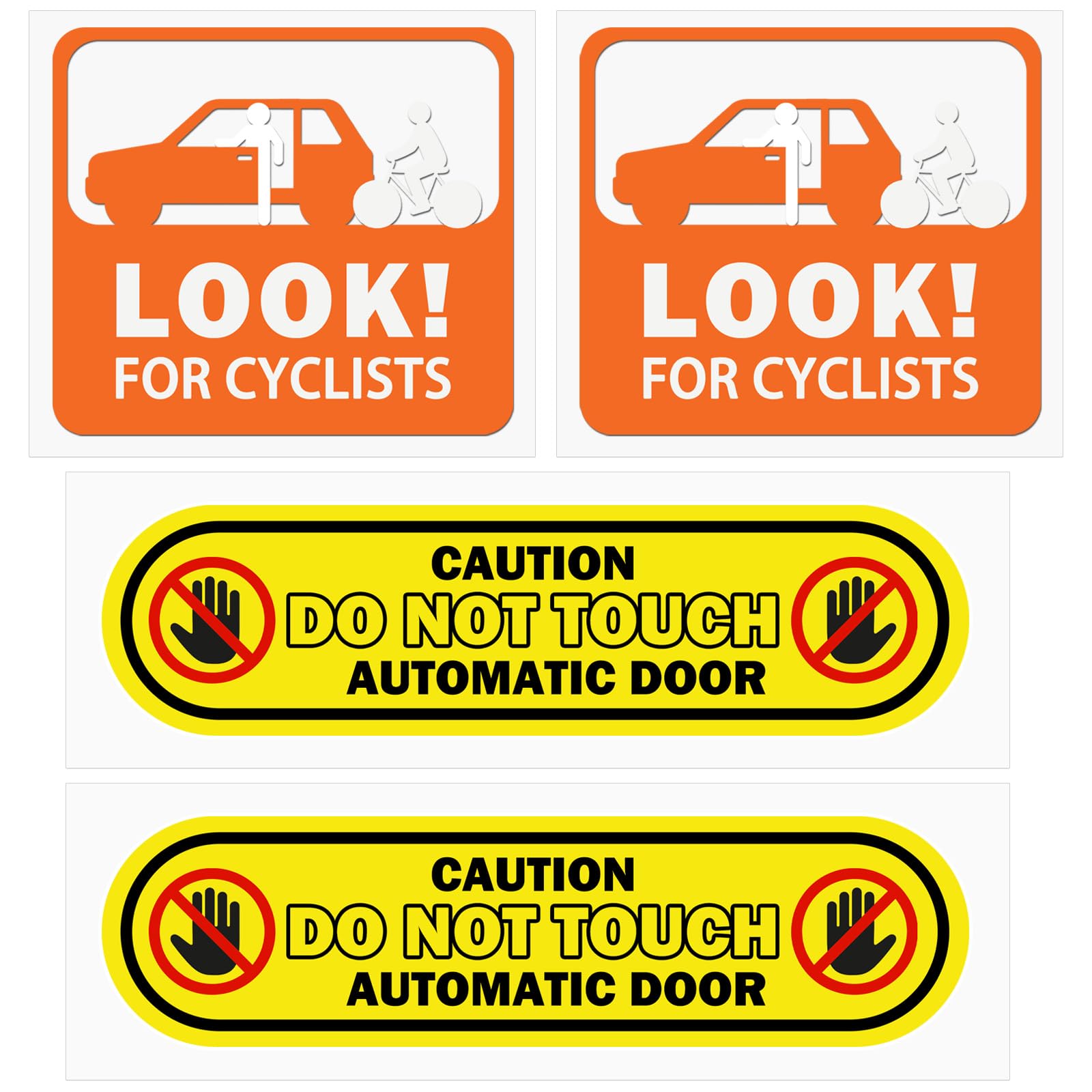 Set of 4 Car Safety Stickers with Safety Warning for Cyclists and Automatic Doors - High Visibility Vinyl Stickers for Car Windows Auto Sign