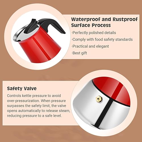 Miniatura 4 de Moka Pot, 6 tazas (10.6 onzas) para máquina de café expreso, olla moka de acero inoxidable 304, compatible con inducción, color rojo