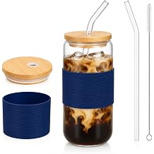 Glass Cup with Lid and Straw, 16 oz Mason Jar Style Glass Tumbler with Bamboo Lid, Removable Grass Green Silicone Sleeve, Reusable Iced Matcha Cup for Cold Brew and Iced Coffee