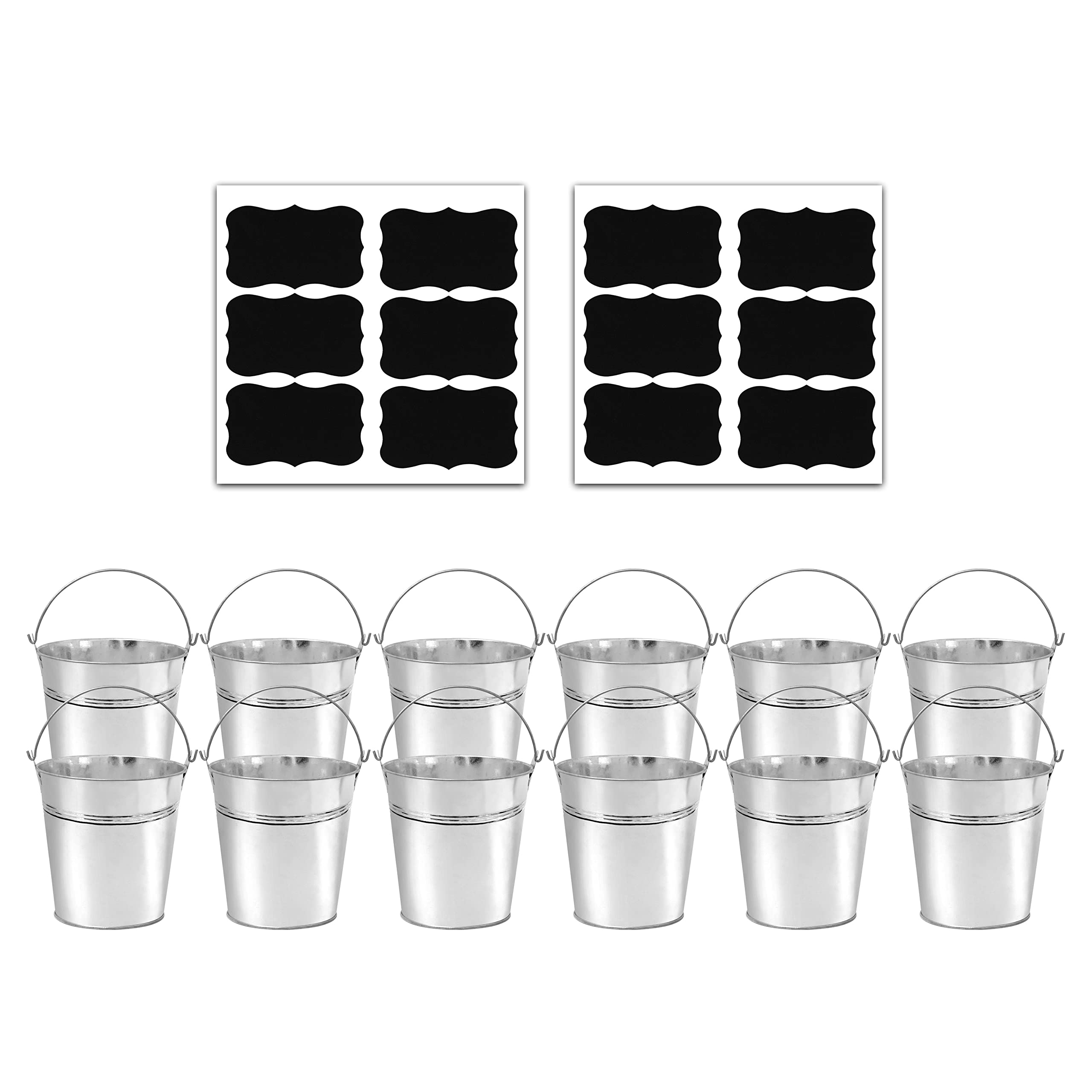Set Of 12 Pcs Galvanized Metal Buckets with Chalkboard Stickers,5 Inch Tin Buckets, Small Galvanized Pail for Backyard decoration,Garden Planters
