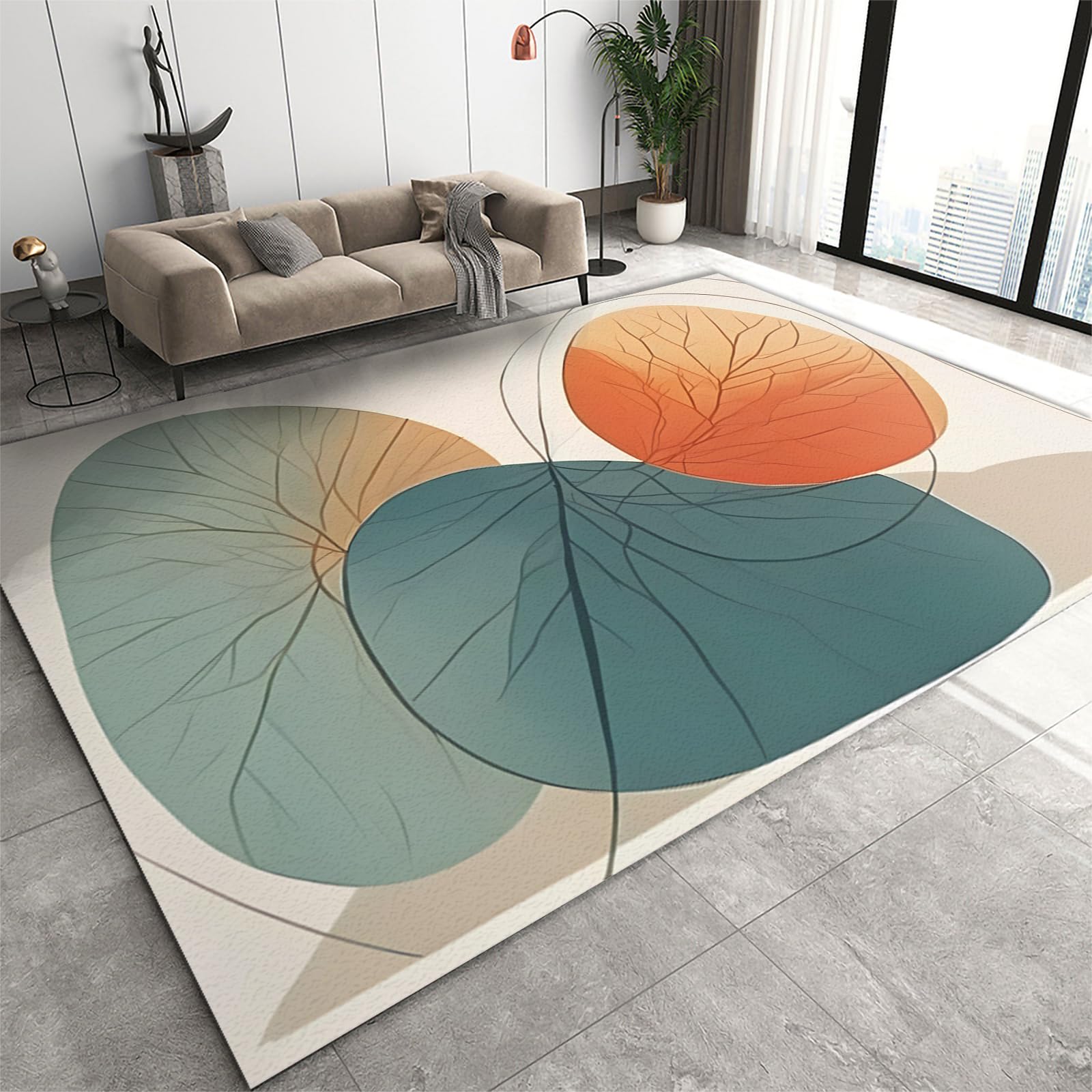 FIEMAR Abstract Gradient Leaf Area Rug, Nordic Style Art Rugs, Floor Carpet Easy-Cleaning Non Shedding for Bedroom Bedside Living Room Dining Room Kitchen Laundry Room College Dorm Office-60 x 110 cm