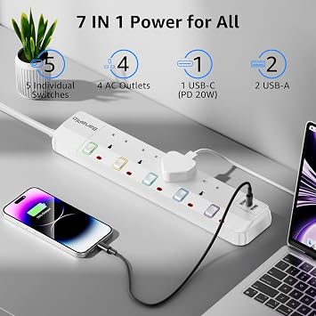 Extension Lead with USB Slots, Plug Extension Socket with Individual Switches, 4 Way Extension Lead with with 1 PD20W USB C and 2 USB A, 1.5M Power Cord with 13A Fused Protection for Home