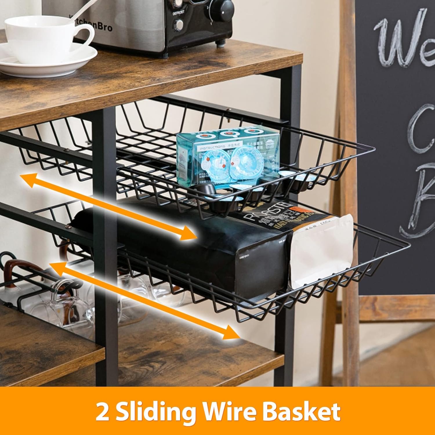 Bakers Rack with Power Outlet 5 Tier Microwave Stand with Mesh Basket Mug Holder for Kitchen Coffee Bar Station for Spice Pots and Pans Organizer