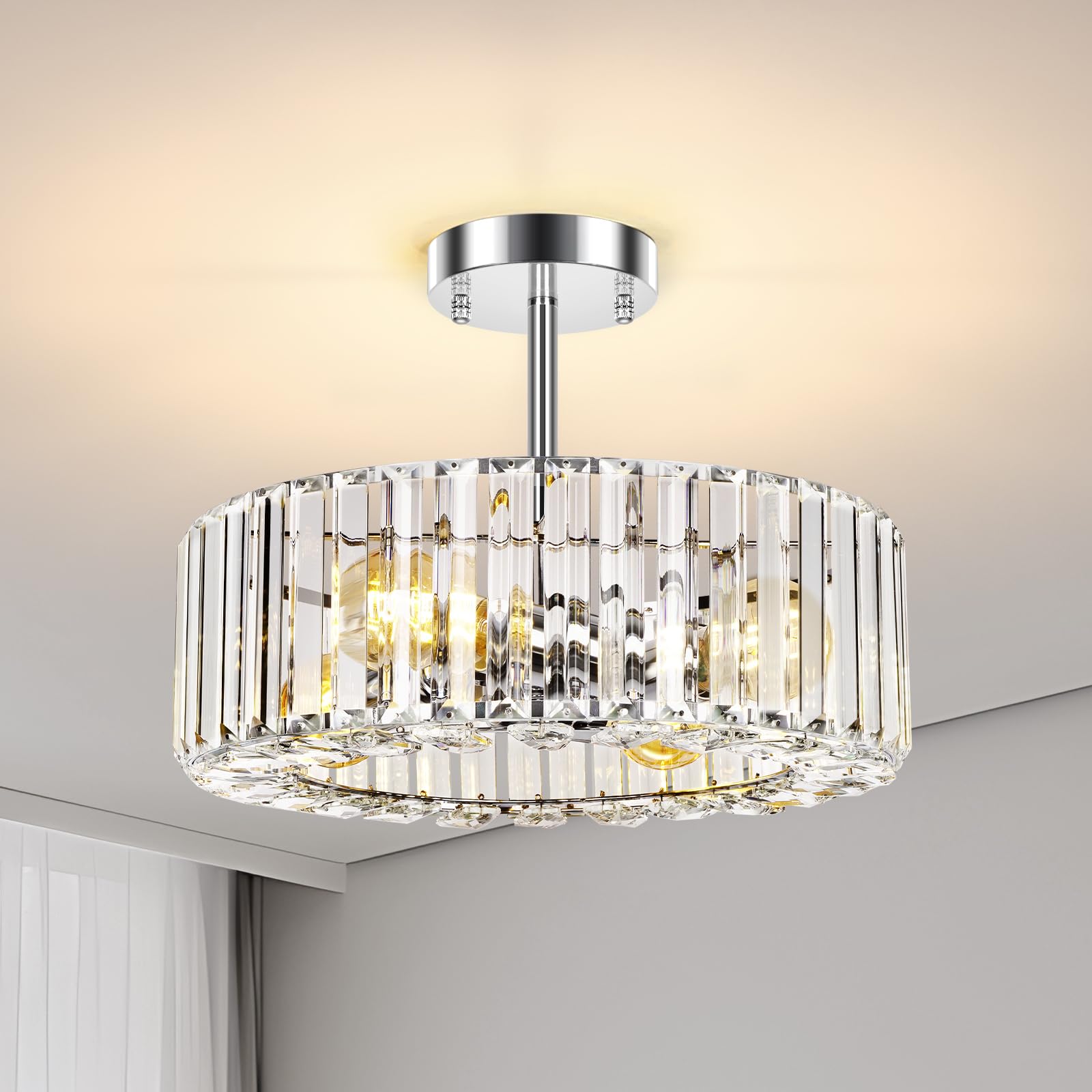 FRIDEKO HOME Modern Kristall Deckenleuchte Schwarz 4 Flammige Groß Rund Kronleuchter Kristall Lampenschirm Metall Deckenlampe E27 für Schlafzimmer Wohnzimmer (Ø37cm-Chrome1)
