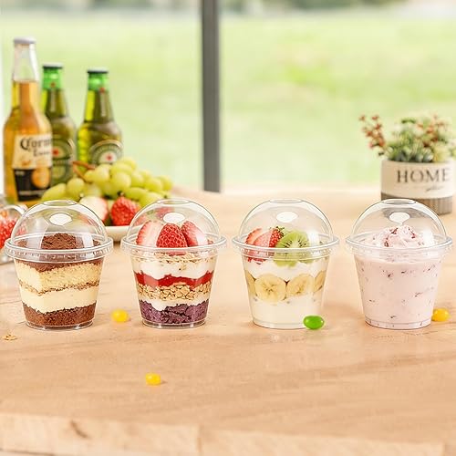 Miniatura 6 de Paquete de 100 vasos de plástico transparente de 9 onzas con tapas de cúpula, taza de postre desechable, taza de frutas, vasos transparentes de PET