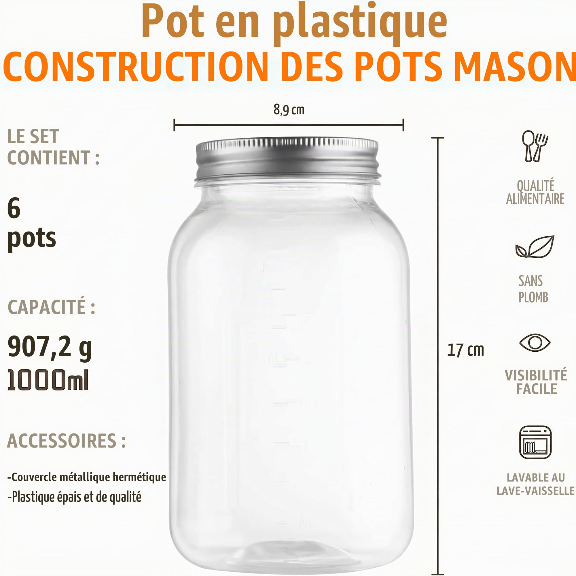 novelinks Lot de 6 bocaux hermétiques en plastique transparent sans BPA pour garde-manger, épices, collations, cuisine et salle de bain, 946,2 g (argent)