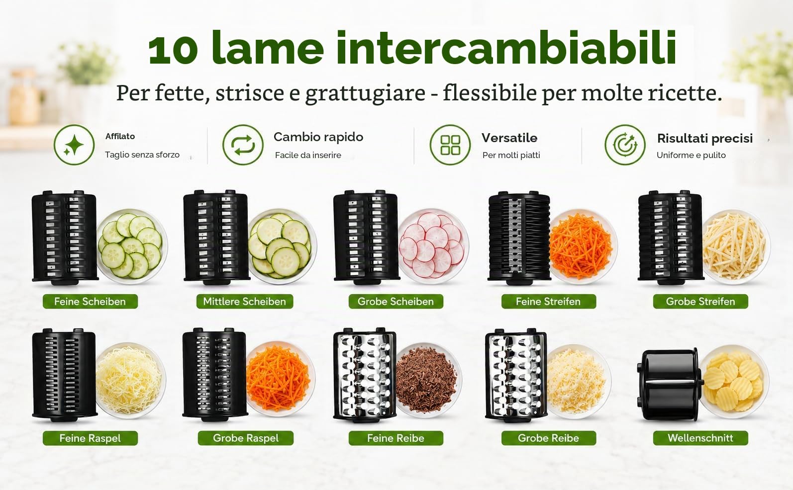 Grattugia elettrica per verdure, 1000 W, con 10 lame in acciaio inox, taglio vegetale elettrico per carote, formaggio, cetriolo, cipolle (nero)