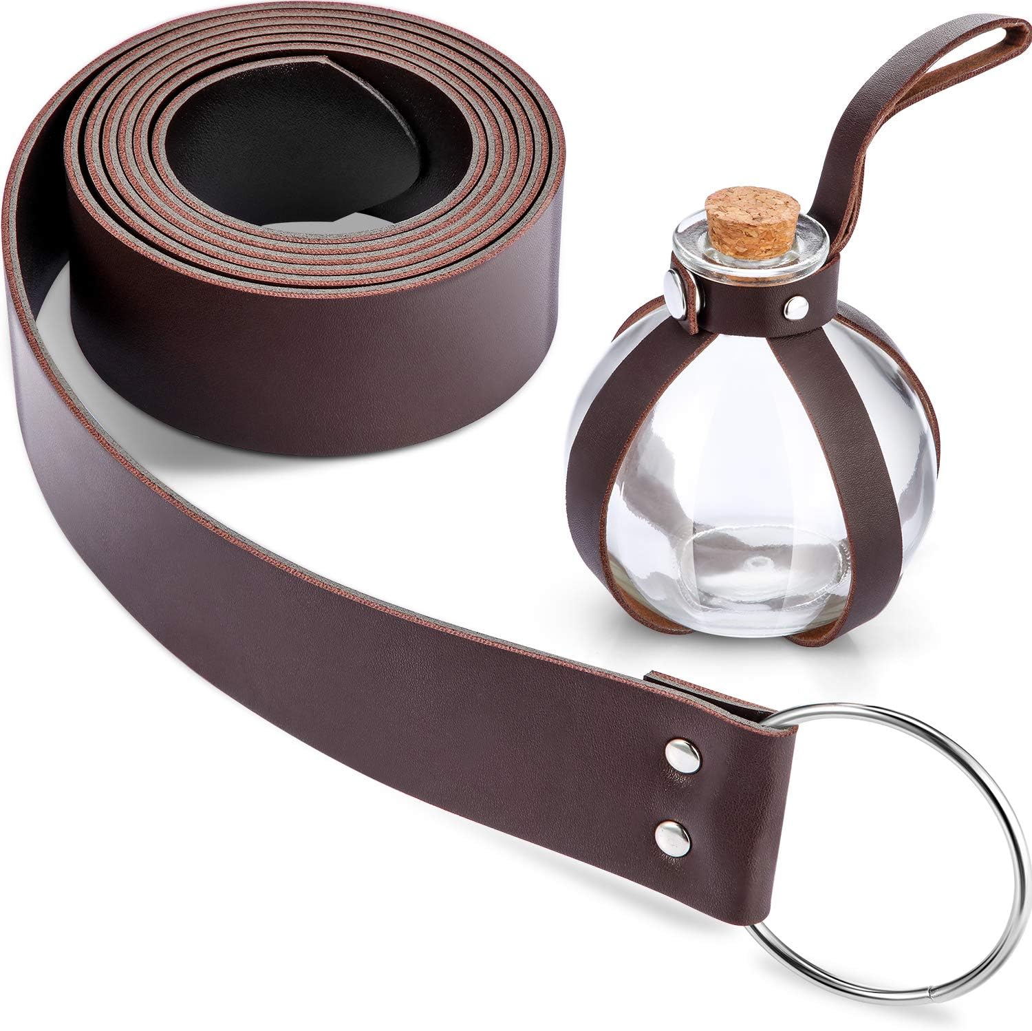 Boao Mardi Gras Potion Bottles with Cork Set Dark Magic Cork Round Potion Bottle with Leather Belt Clear Glass Large for Halloween Costume Props DIY Crafts Decorative, 200 ml(Brown)