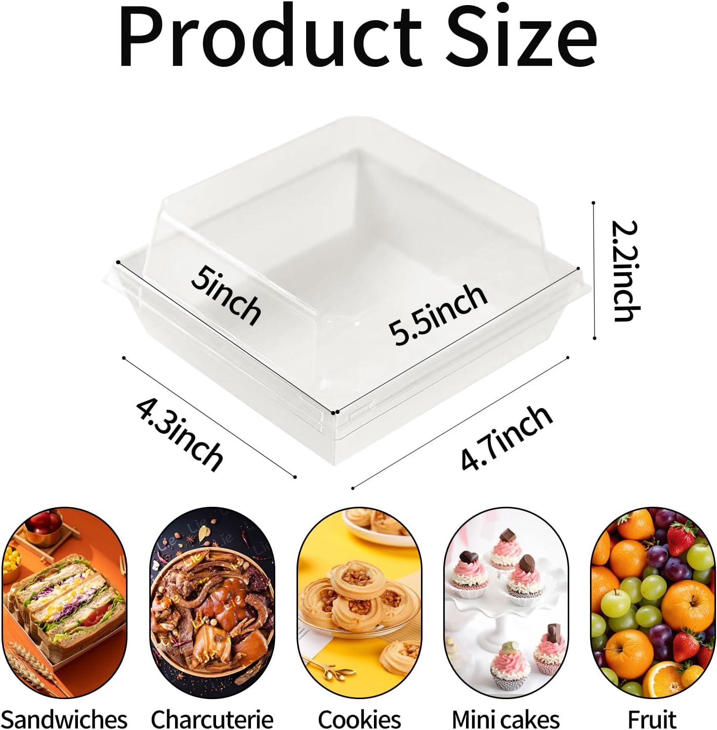 100 pack small charcuterie boxes with clear lids, 5.5 inch to go paper mini food containers, disposable dessert bakery boxes+100 plastic forks+100 cupcake liners for cookie, cake slice, sushi, white