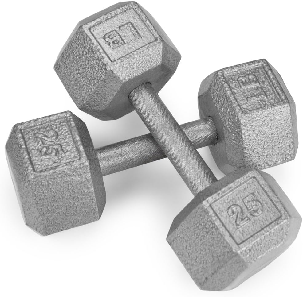 Crown Sporting Goods Pair (2) of Cast Iron Hex Dumbbells with Hammertone Finish (25 LB)