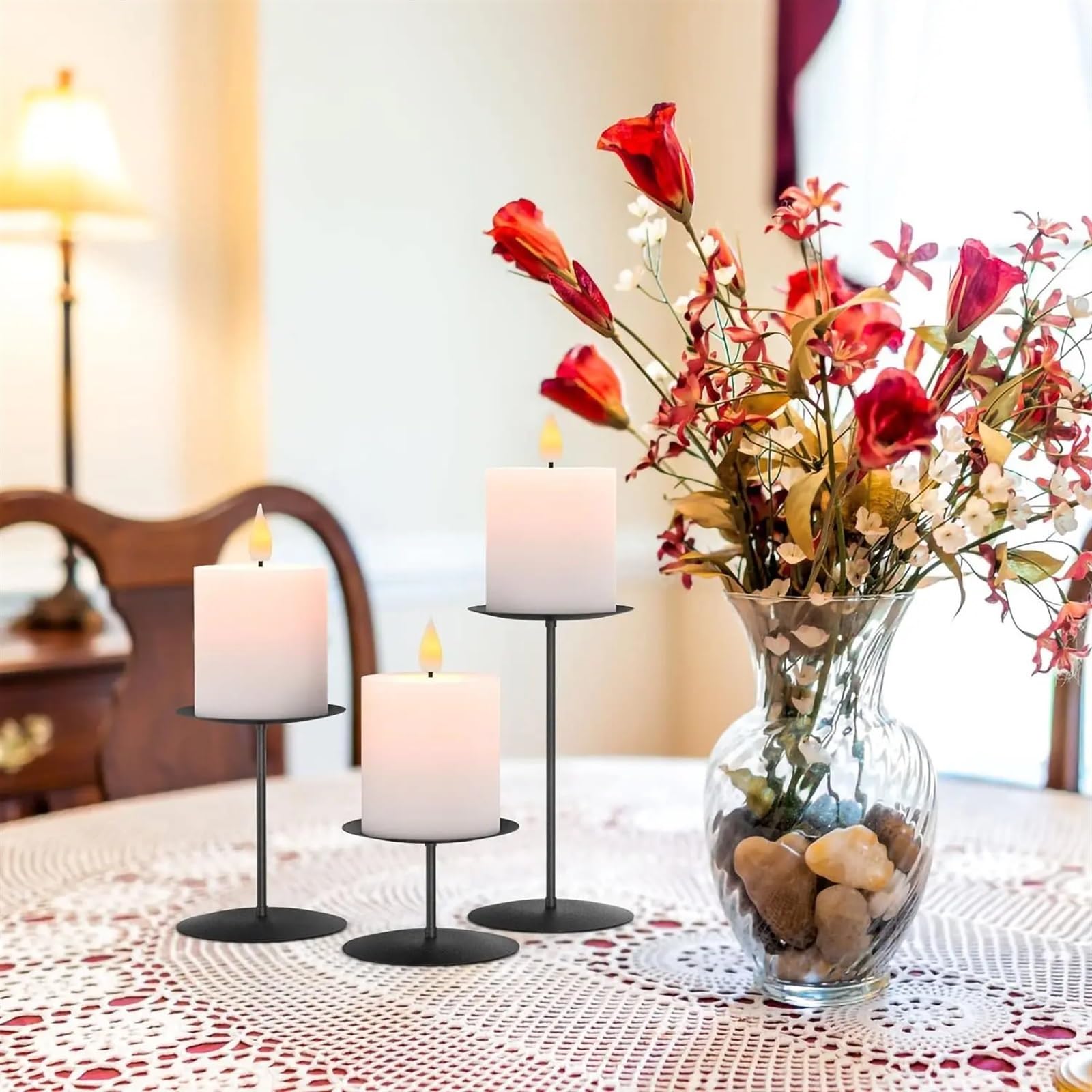 Portavelas Candelabros Negros de 3 pilares, Soporte for Velas, centros de Mesa, Plato for mesas, Chimenea con Metal