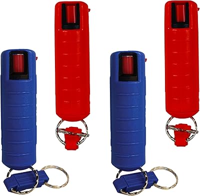 Pepper Shot Bundle - Lot of (4) 1/2 oz Keychain 10% OC Pepper Spray Units w/Injection Molded Holster in Red (2) and Blue (2)