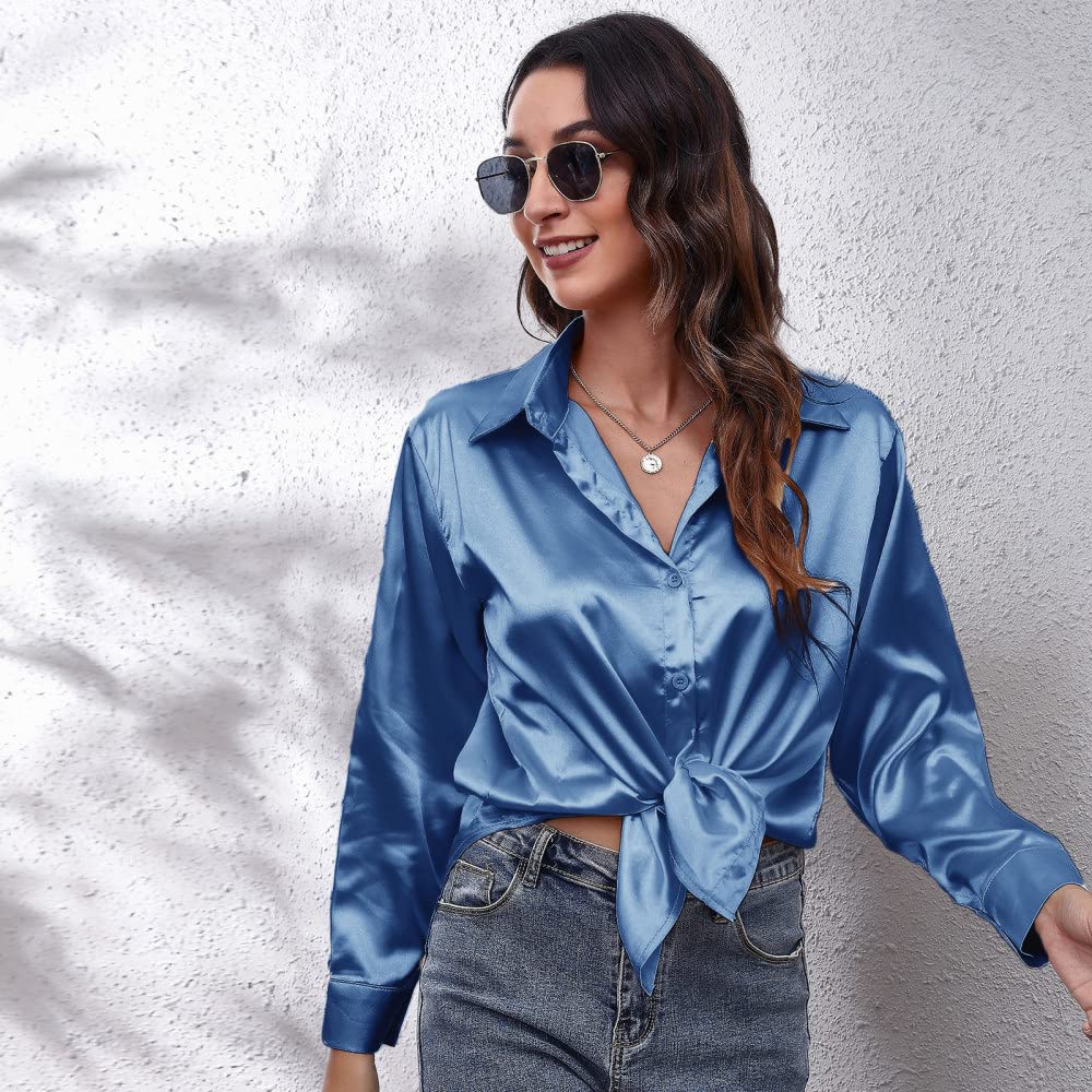 Camisa Básica con Botones,Blusa De Satén para Mujer, Camisa Azul De Manga Larga, Camisas De Seda De Moda Vintage, Camisa De Negocios con Botón, Blusas De Fiesta Sexy, Blusa De Oficina De Trabajo Inf