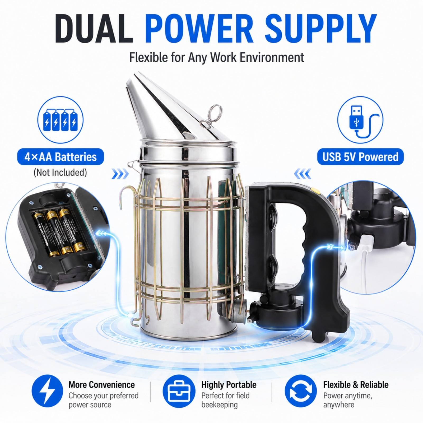 Ahumador eléctrico de Colmena de Acero Inoxidable, ahumador eléctrico de Colmena con Mango térmico, Equipo de Apicultura de 5v, Suministros para Apicultor