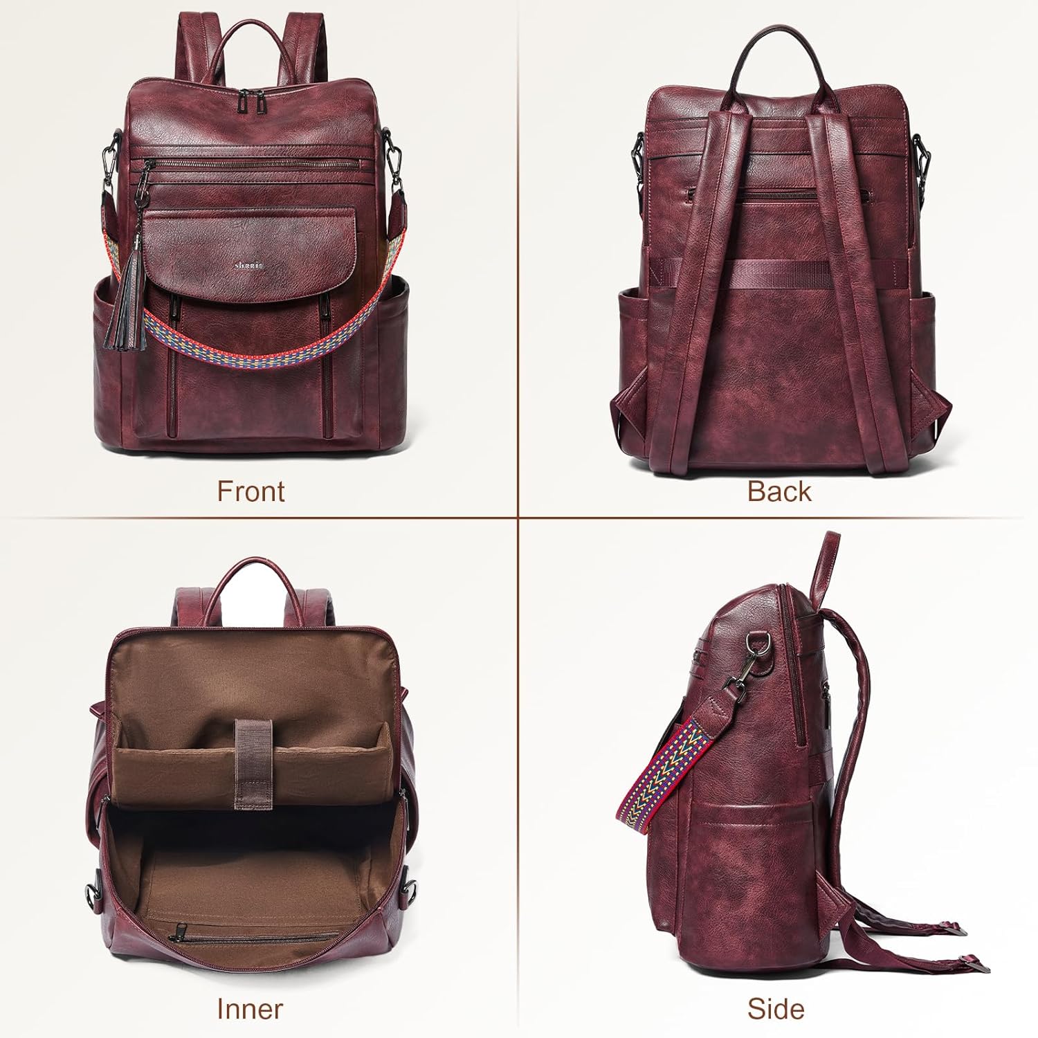 Shrrie Laptop Backpack for Women 15.6 inch,Travel Leather Backpack Purse Nurse Teacher Carry on Backpack Computer Bag,Professional Water-Resistant College Business Work Casual Daypack,Two-tone Maroon - Image 4