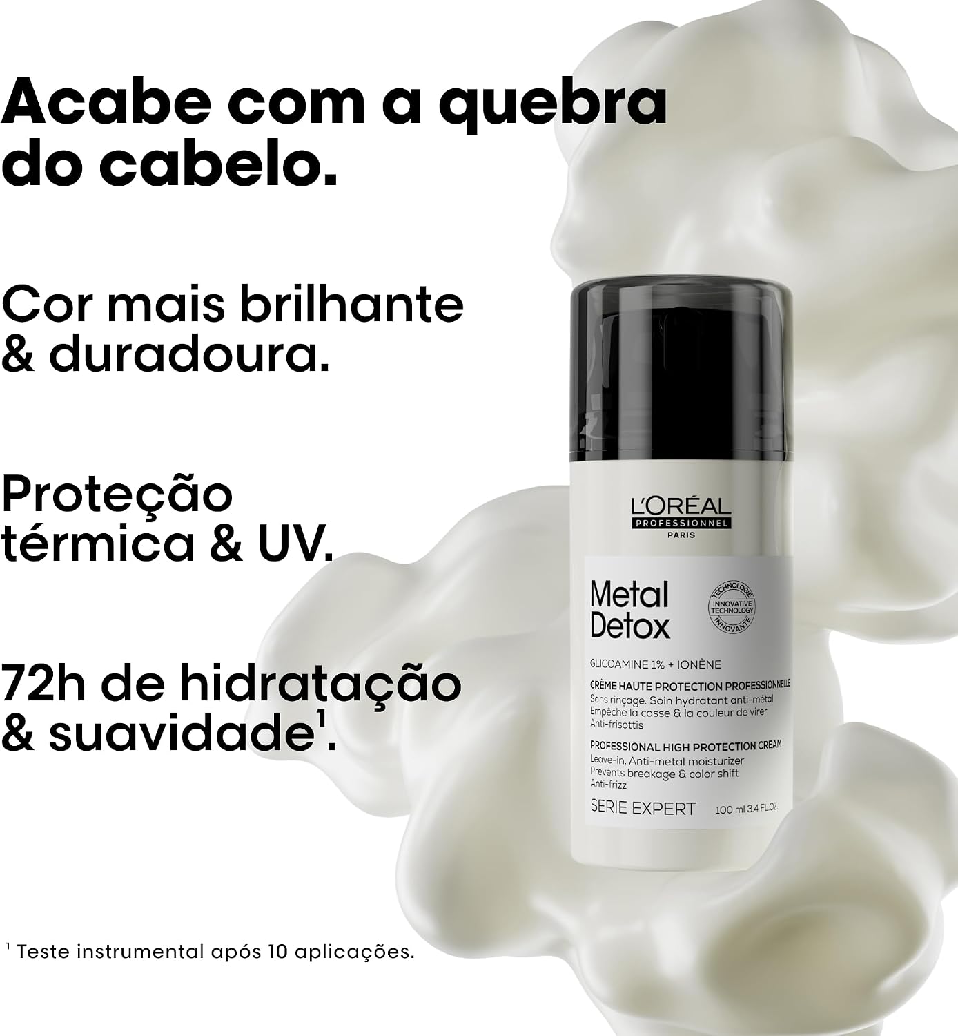 Frasco do creme Metal Detox cercado por uma nuvem branca destacando benefícios como proteção térmica e 72h de hidratação