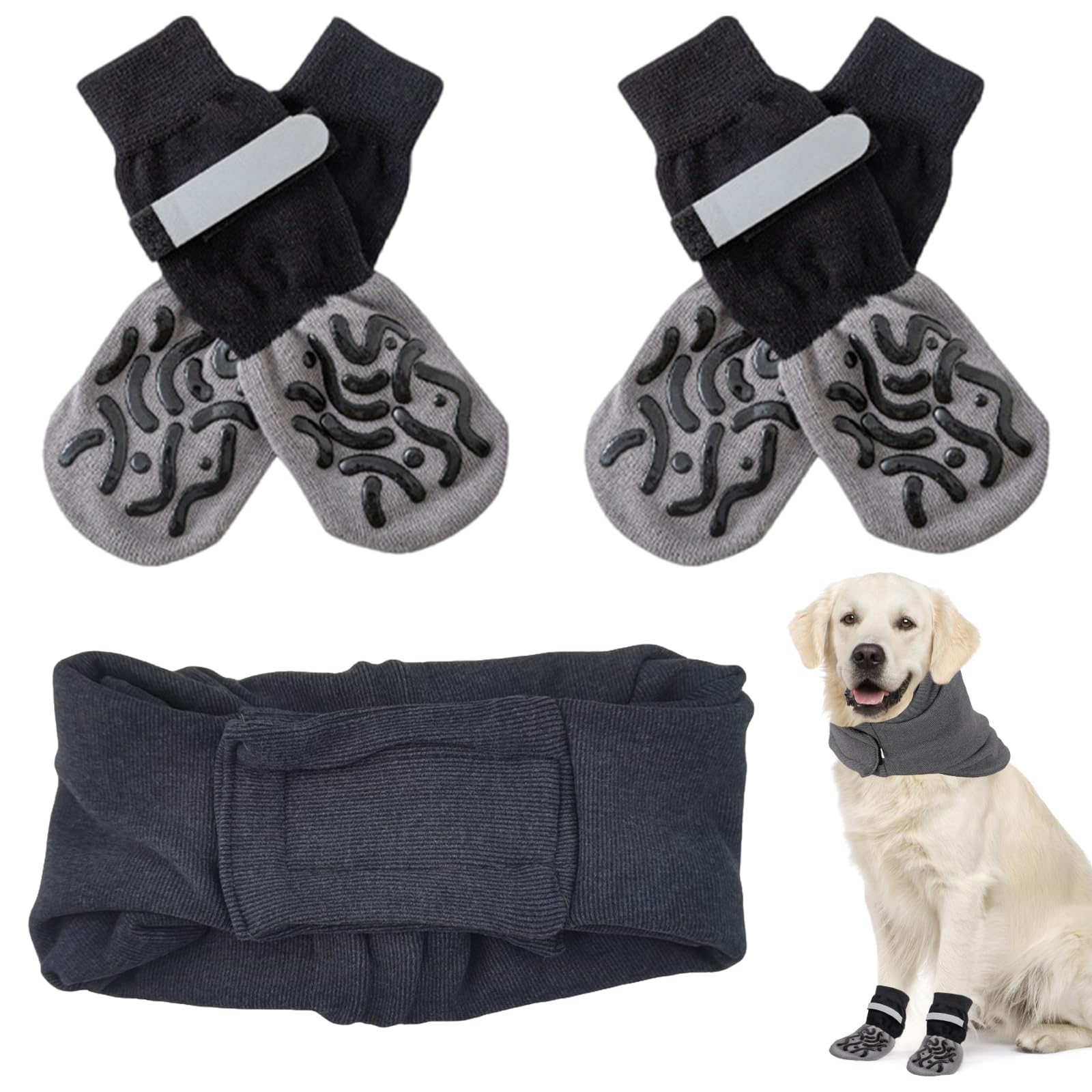 2Pairs Anti Slip Dog Socks and a Ear Muffs,Dog Paw Protectors Stop Licking,Pet Snood Ear Protectors for Anxiety Relief and Calming,Adjustable Boots Shoes with Grips for Senior (M)