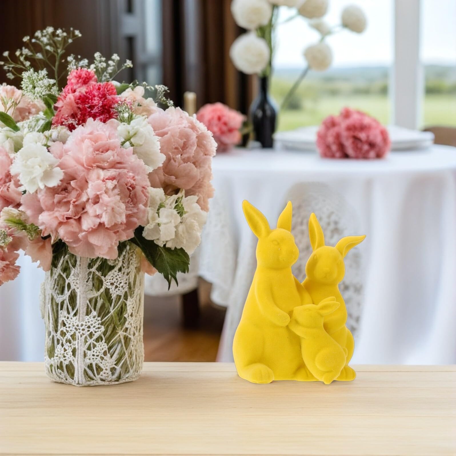 Decorazioni Pasquali a Forma di Coniglietto in Resina Floccata Gialla, Centrotavola Primaverile e Ornamento da Tavolo per Casa, Giardino e Ufficio, Statuine Famiglia di