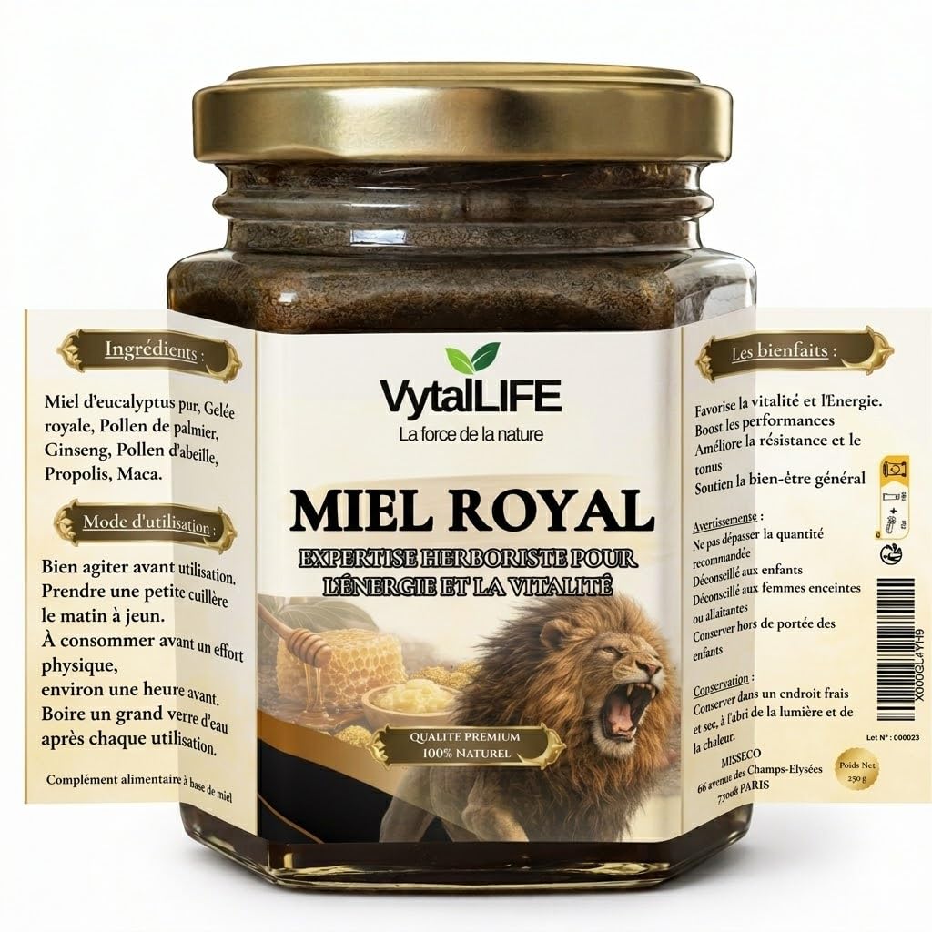 VytalLIFE Miel à la Gelée Royale, Ginseng & Maca - Miel Aphrodisiaque d'Eucalyptus 100% Pur 250g - Enrichi en Propolis, Pollen d'Abeille - Énergie & Vitalité - Booster Testosterone Homme Naturel