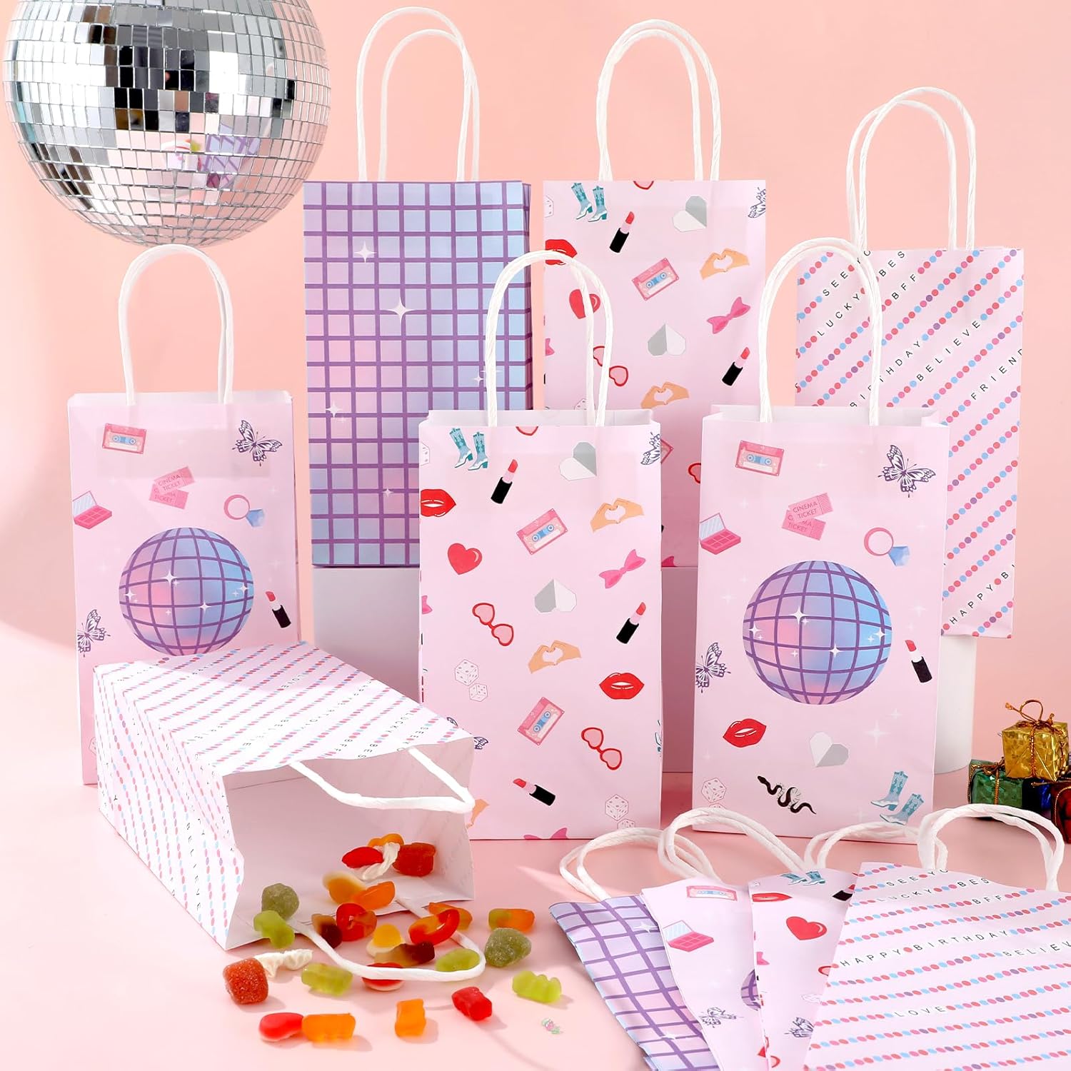 24Pcs Era's Birthday Party Favor Bags Music Party Treat Bags Decorations Iridescent Disco Goodie Bag Popular Music Paper Gift Candy Bag with Handle for Women Birthday Baby Shower Bachelorette Supplies - Image 4