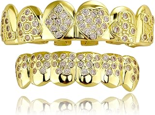 JINAO Grillz for Men – Poker Design|Grills for Your Teeth|14K Gold Plated Iced Out|Fake Teeth Grillz for Women Gothic Costume Jewelry Accessories