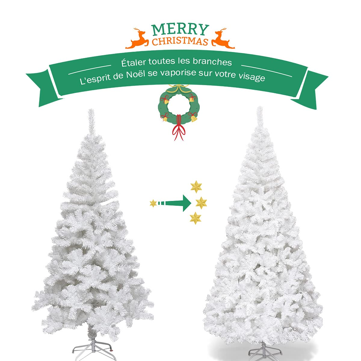 RELAX4LIFE Sapin de Noël Blanc 210 CM, Sapin Noel Artificiel en PVC avec Support en Métal, Arbre de Noël pour Décoration Maison/Bureau/Magasin (Blanc, 210 CM)