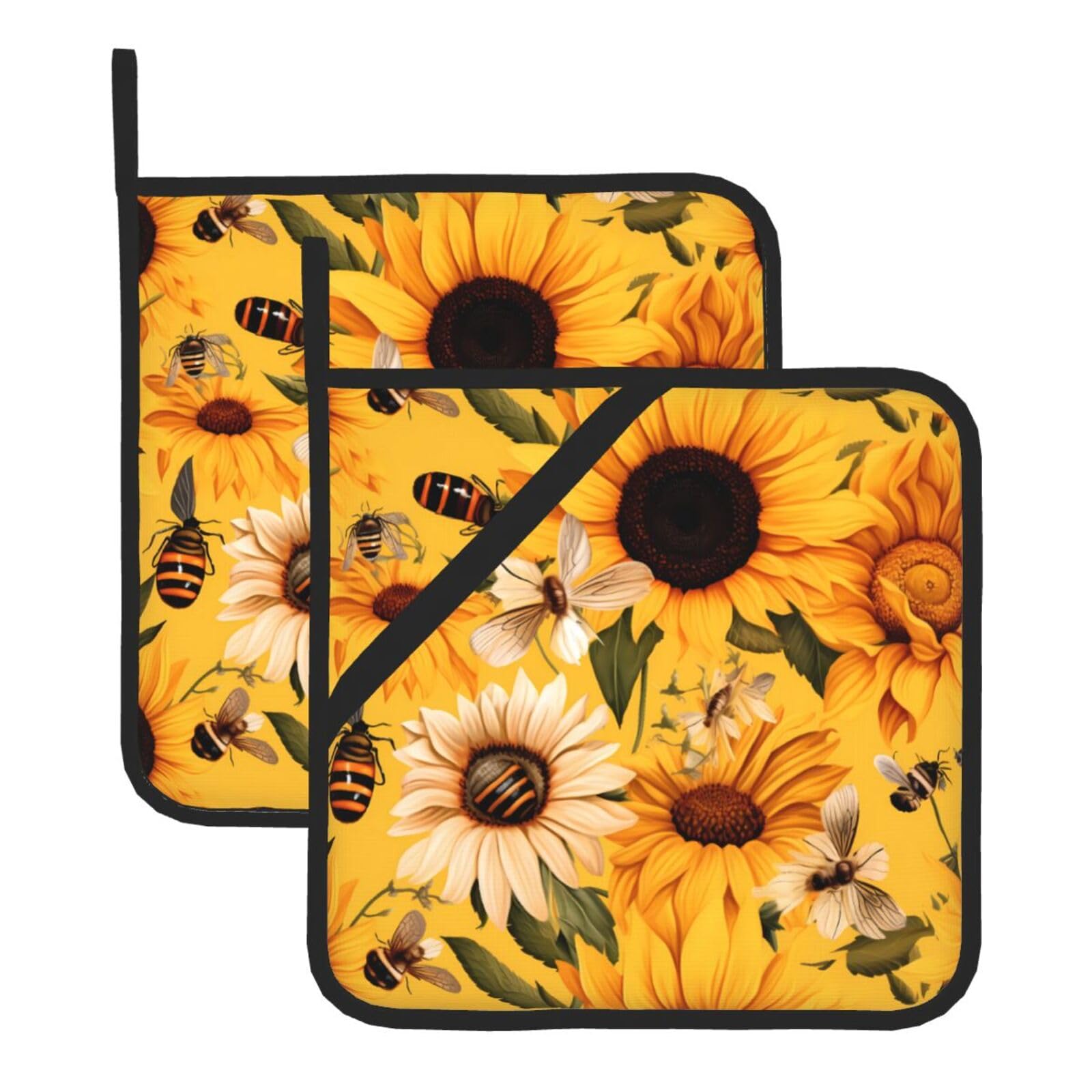 HJFCZH Sunflower Flowers Printed Square Insulated Pot Mat Set (2-Piece) 8x8in Waterproof, Thickened & Easy to Clean with Lanyard Design for Kitchen, Oven & BBQ