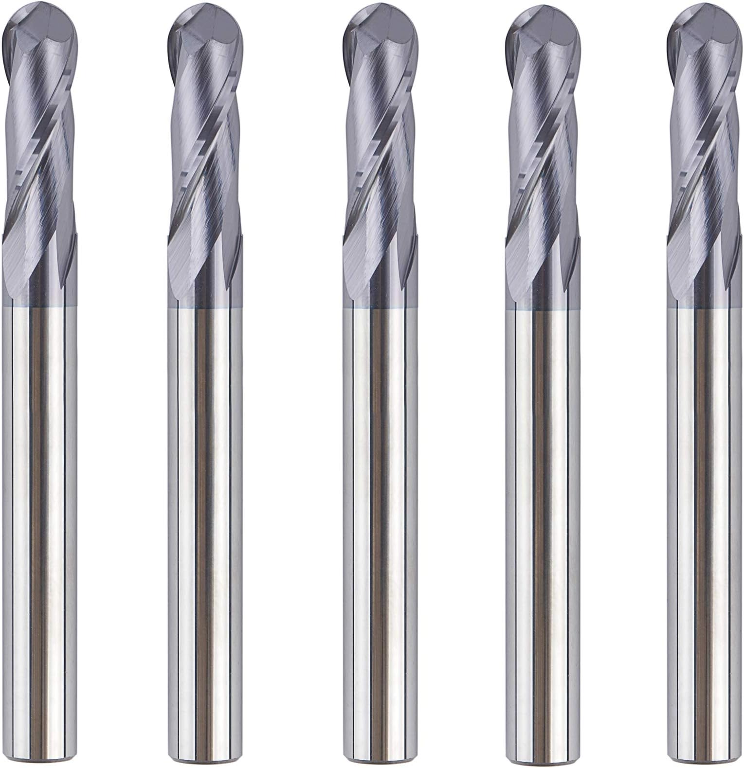SpeTool 5PCS Ball Nose End Mill Cutter CNC Router Bits Double Flute HRC55 Spiral Milling Tool 1/4 Inch Shank 2-1/2 Inch Length OVL
