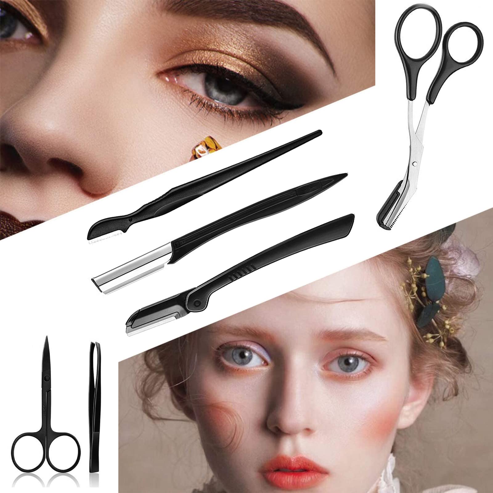 Kit Profesional de Cejas 9 Piezas - Pinzas y Tijeras de Acero Inoxidable, Maquinilla y Recortador