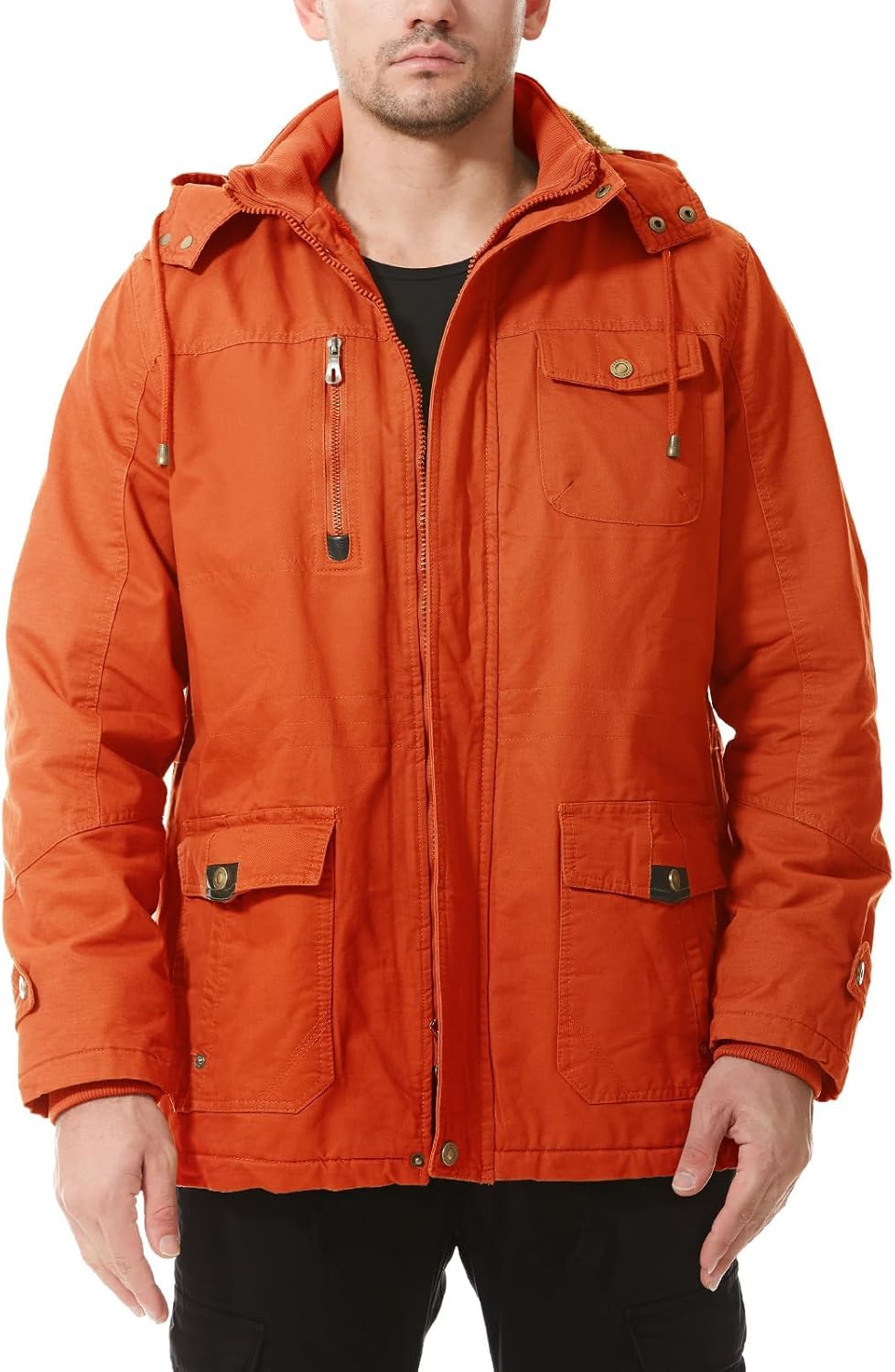 Mens Jacket Winter Casual Fleece Lined Cotton Thick Military Tactical Hooded Work Coats with Cargo Pockets - Image 2