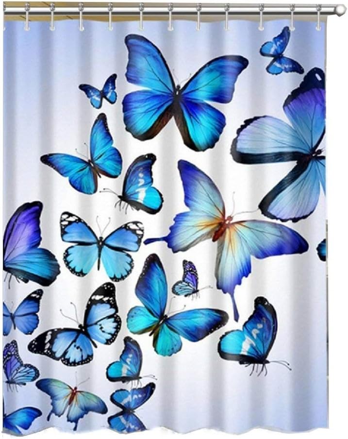 AlibuyBlue Butterfly Pattern Waterproof Bath Shower Curtains Fabrics Curtain with Free 12 Hooks,180x180cm