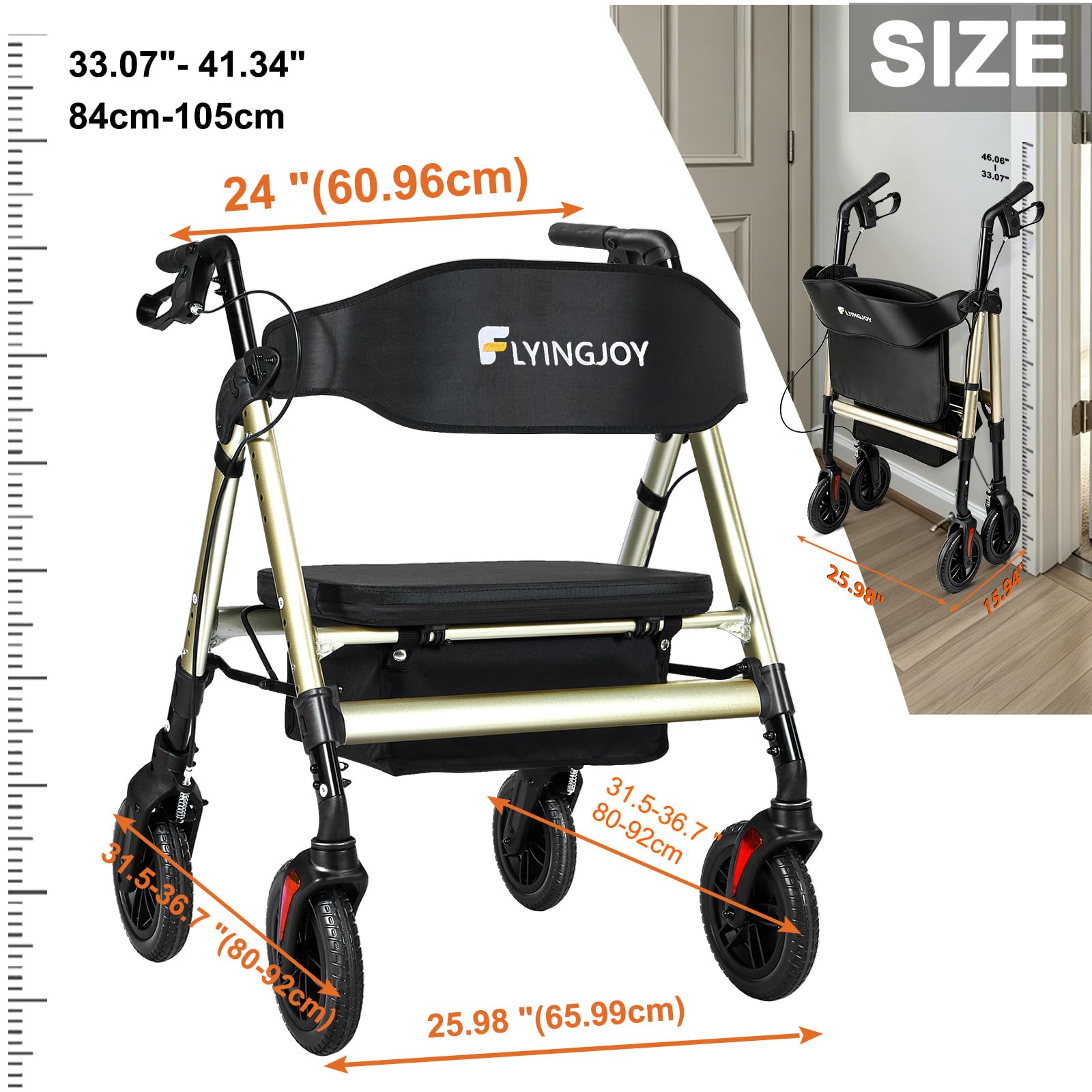Andador rodante resistente con asiento, plegable bariátrico con ruedas grandes de 8 pulgadas, soporta hasta 450 libras, champán
