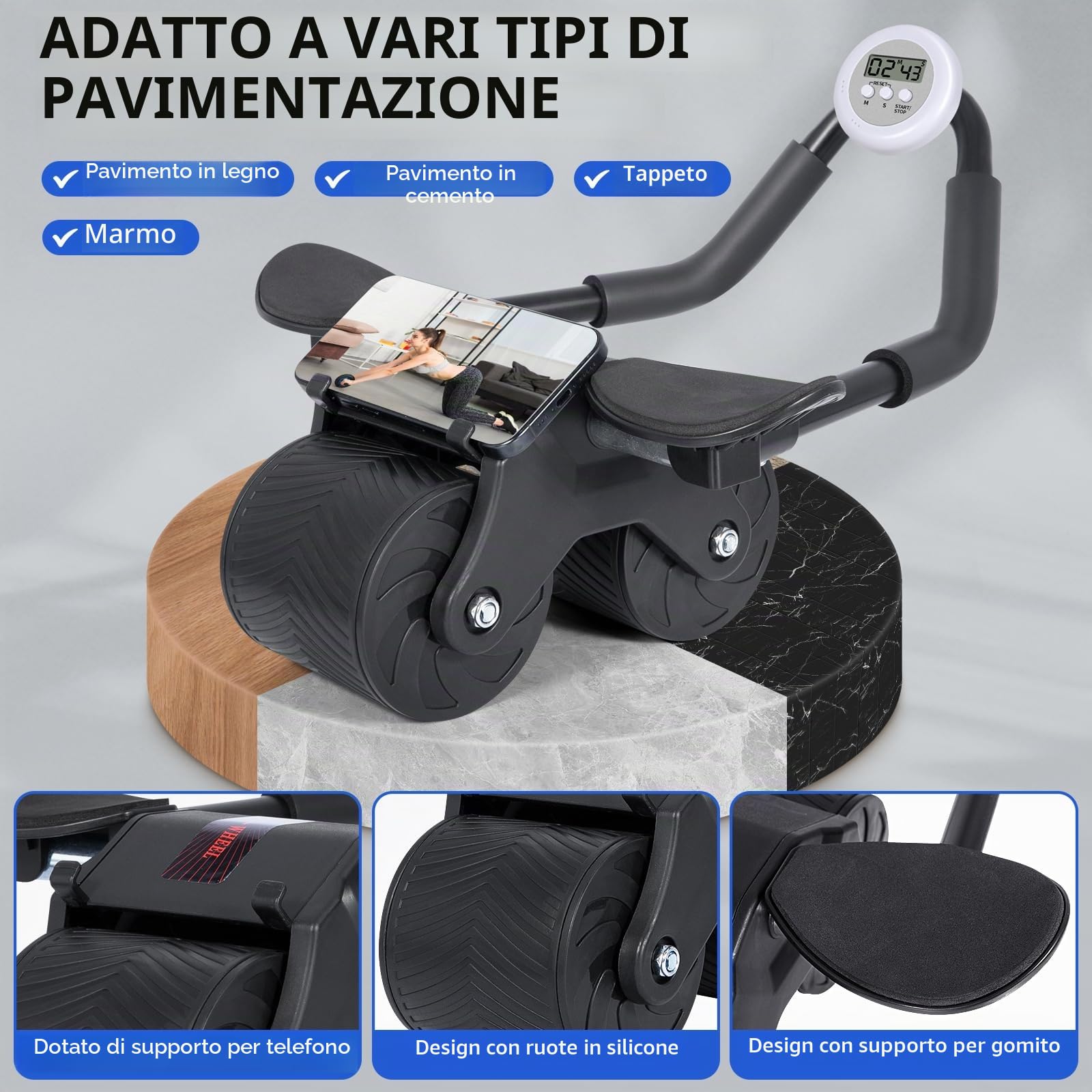 ROELLY Rullo Addominali, Attrezzo per Addominali, Design Antiscivolo e Stabile a Doppia Ruota, con Ginocchiera e Timer Magnetico, Utilizzato per Esercizi Addominali e Fitness a Casa e in Ufficio