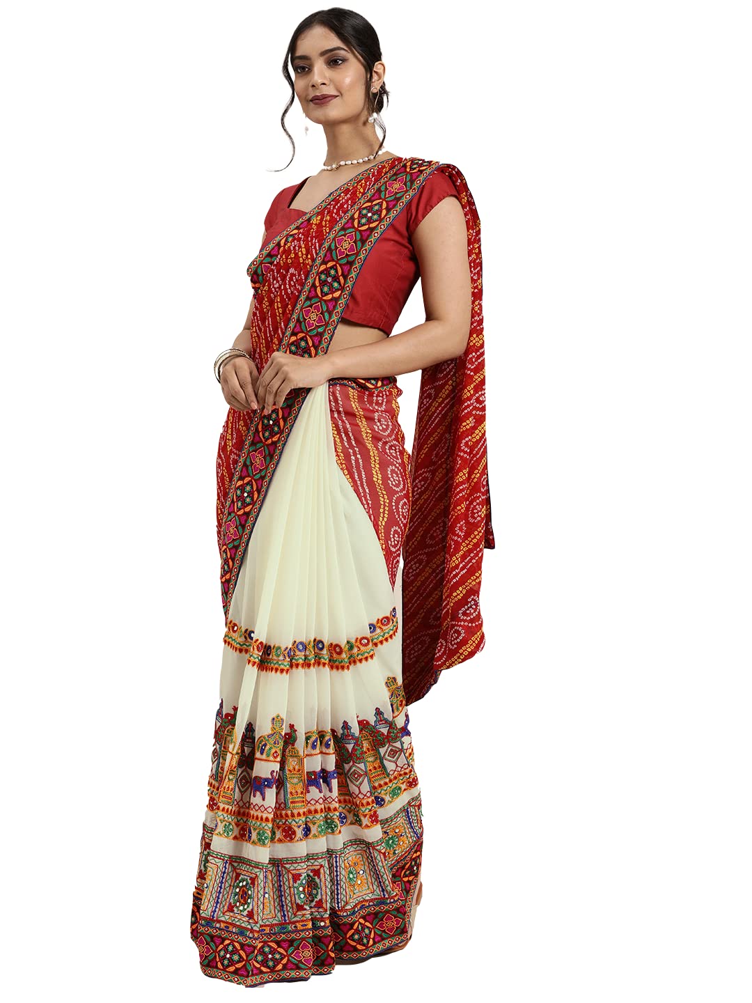 kavindi Women's Georgette Half & Half Bandhani Printed Saree With Unstitched Blouse-picture-48