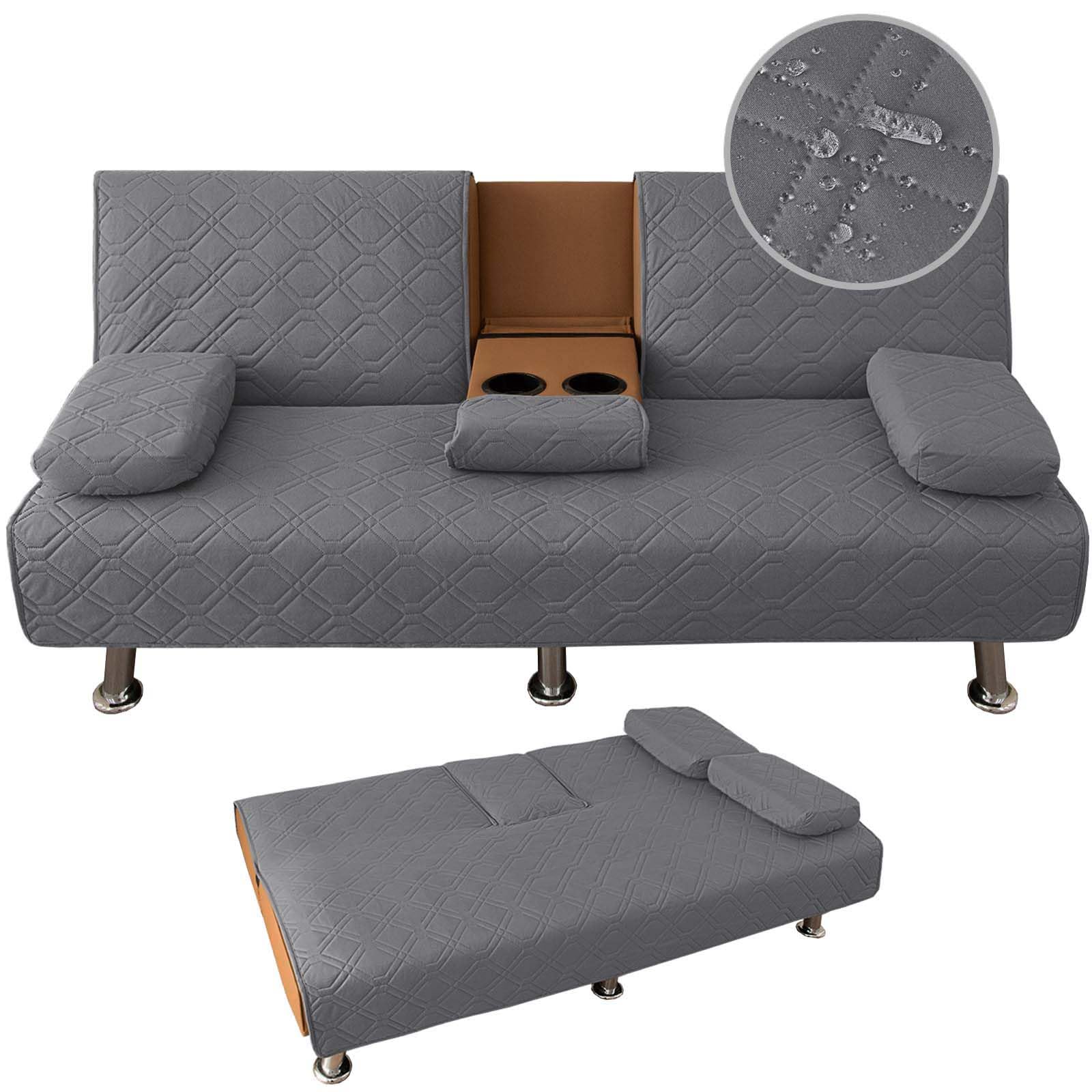 Juego de 4 fundas impermeables para sofá cama, color gris, funda de futón convertible de 3 plazas con reposabrazos y portavasos, fácil de limpiar, protege para sala de estar