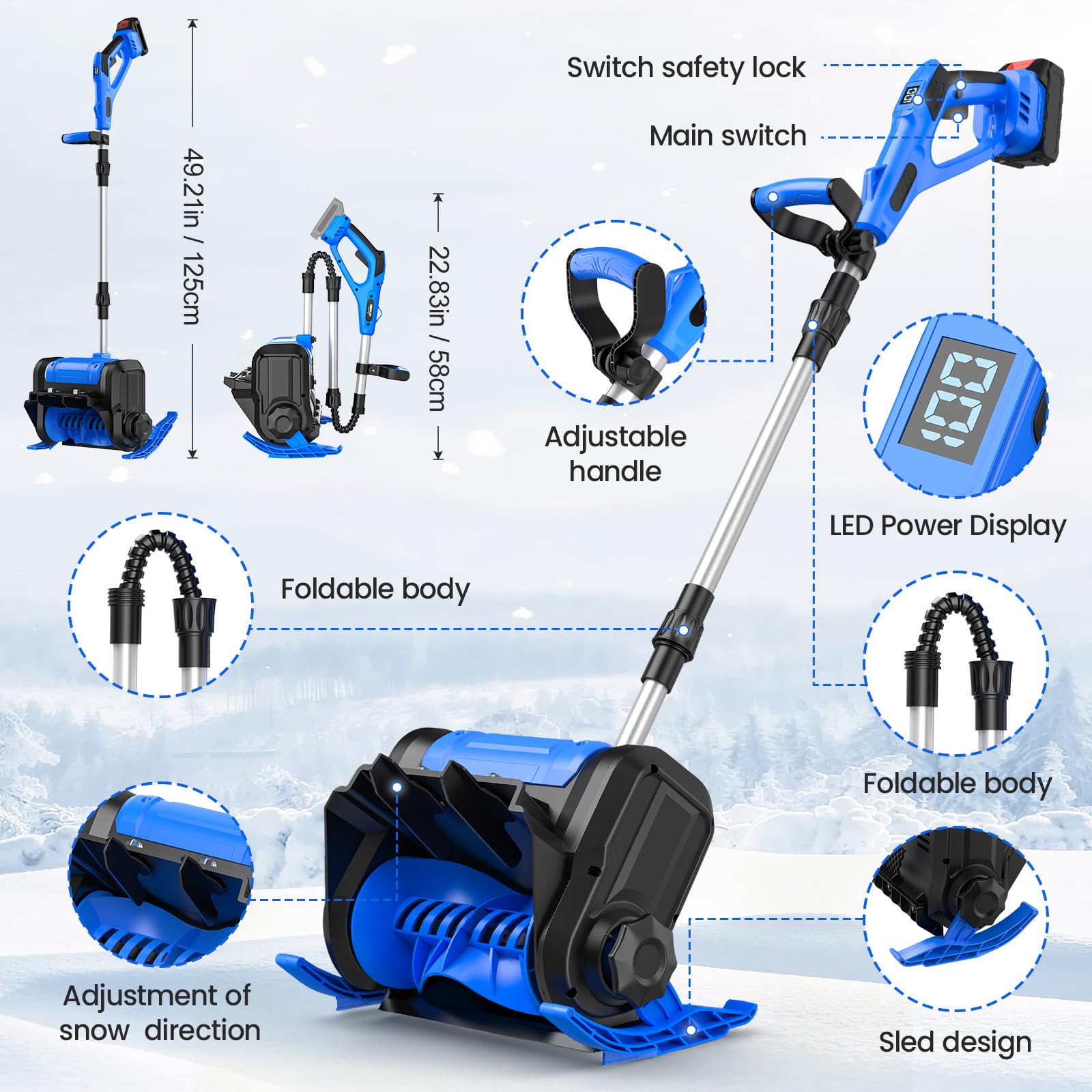 Akku-Schneefräse, Arbeitsbreite 30 cm, Schneehöhe 16 cm, Projektionsabstand 8 m, 550W Elektrische Schneefräse mit Bürstenloser Motor Sicherheitsschalter, LED-Anzeige, Für Einfahrt, Gehweg&Terrasse (B)
