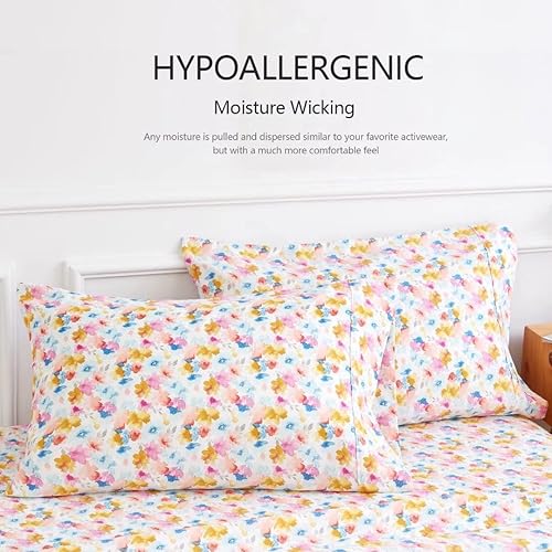 Miniatura 4 de Juego de sábanas tamaño King, 4 piezas, estampado de flores coloridas, cama doble, lujosa, refrescante, suave, 100% microfibra cepillada con