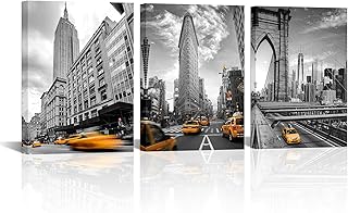 Canvbay 3 Piece Black and White New York City Canvas Wall Art Brooklyn Bridge NYC Flatiron Building Picture Prints Orange Taxi Car Painting Home Office Decor 12x16inchx3pcs