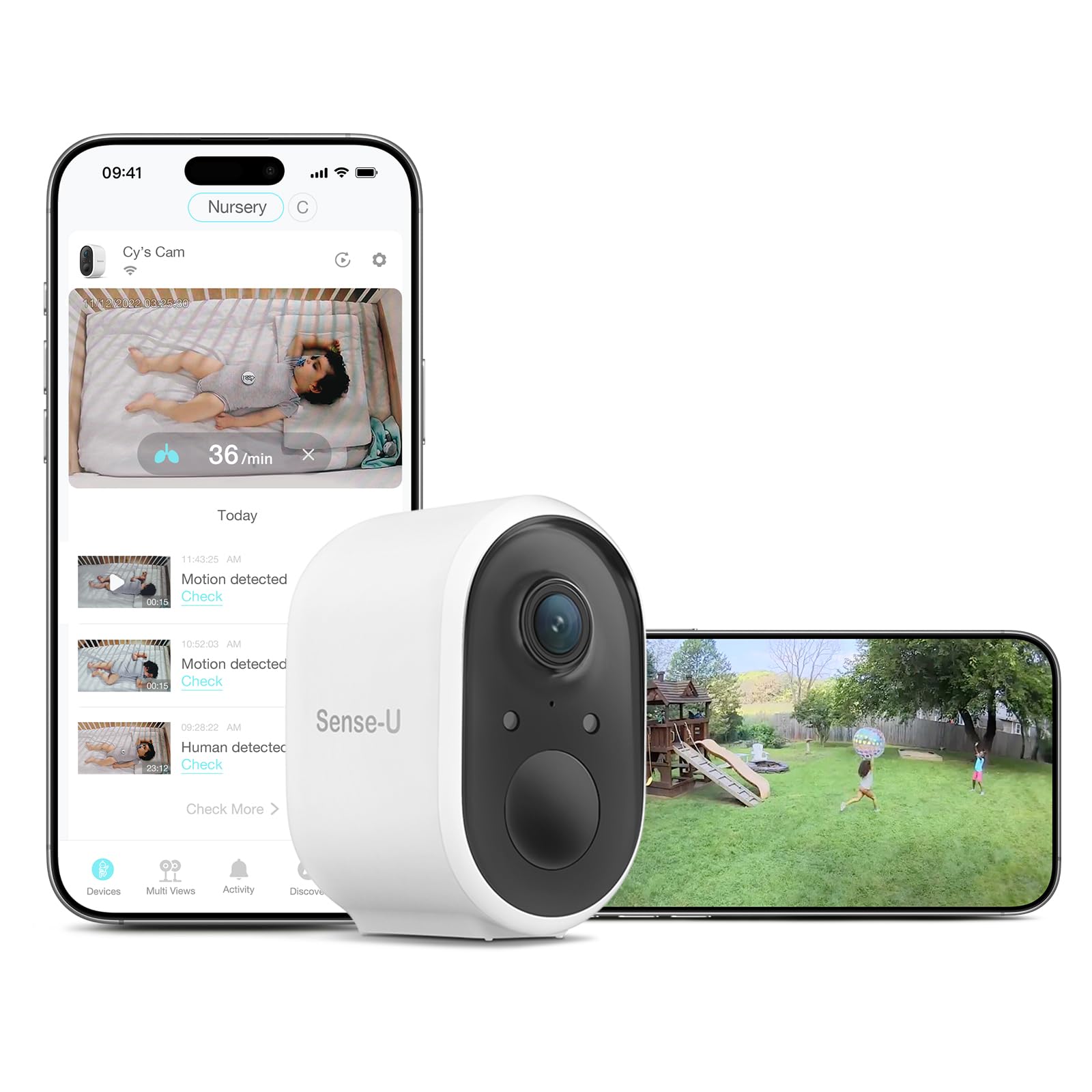 Sense-U Battery Baby Monitor Smart Security Camera, Indoor/Outdoor Use, AI Breathing Detection, 1080p Video Monitor, Weatherproof Wireless Camera, 2-Way Audio, No Monthly Fee